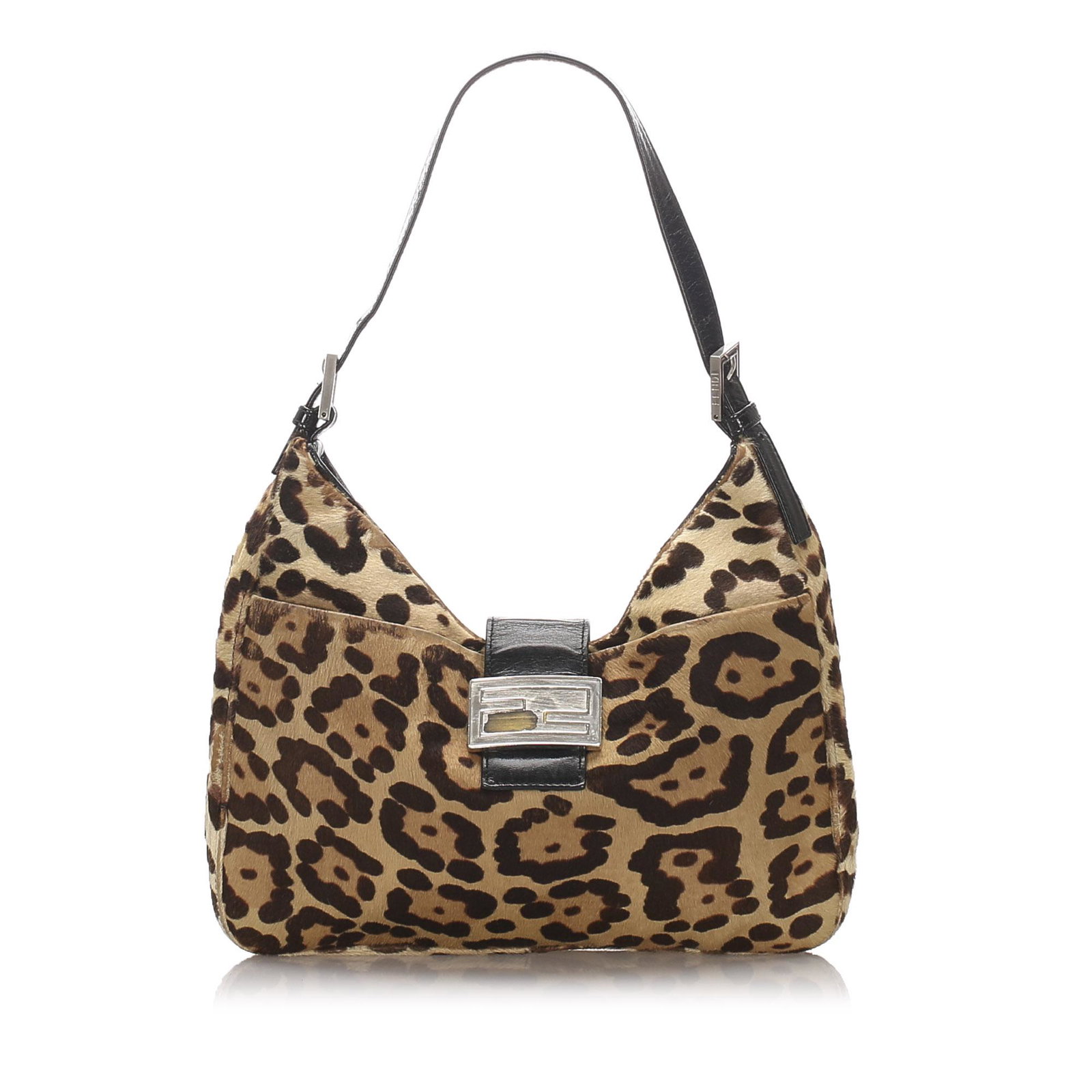 Authentic Fendi Leopard Print Pony Hair Shoulder Bag: This shoulder bag features a printed pony hair body, a front exterior slip pocket, an adjustable flat leather strap, an open top with a top strap and magnetic closure, and interior zip and slip pocket