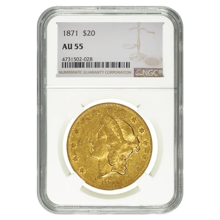 1871 $20 Liberty Head Double Eagle Gold Coin NGC AU 55: You are bidding on the total lot which includes 1 of the following item: 1871 $20 Liberty Head Double Eagle Gold Coin NGC AU 55 This beautifully designed 1871 $20 Liberty Head Double Eagle Gold Coin N