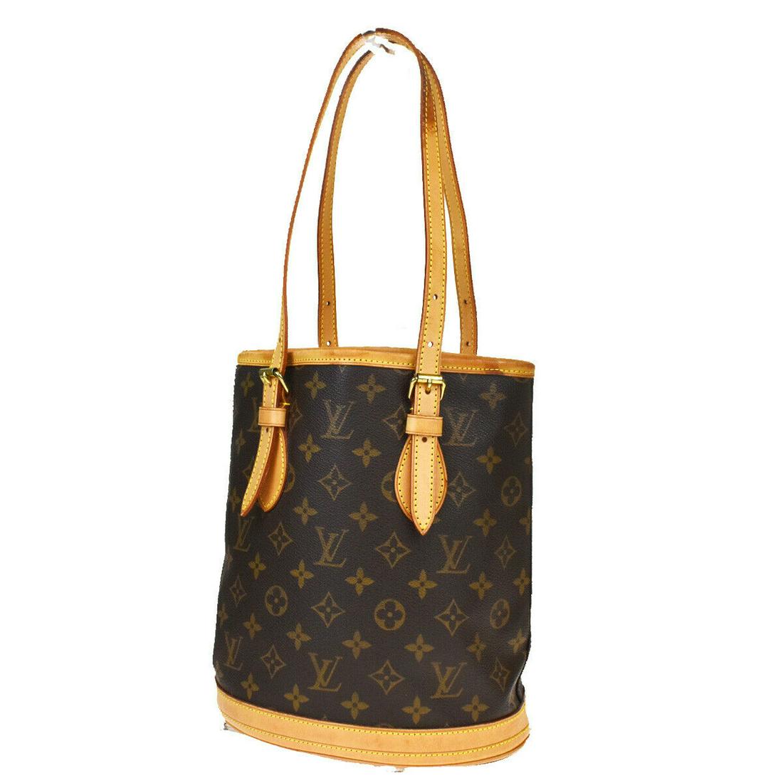 Authentic LOUIS VUITTON BUCKET PM Monogram , Leather: Brand: LOUIS VUITTON Material: Monogram , Leather Style: Shoulder bag Color: Brown Size(inch): W 8.7 x H 9.8 x D 5.9 "(approx.) Country of Origin: France Come with: - All Bidhaus items come with a 100