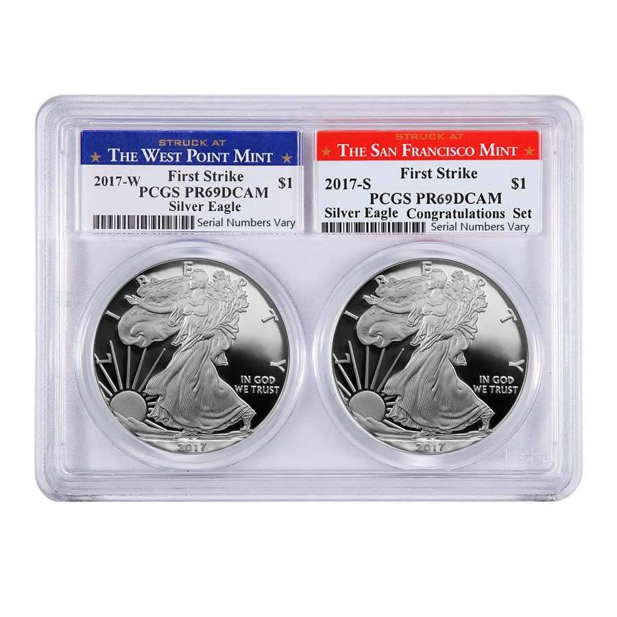 2017 W/S 1 oz Proof Silver American Eagle 2-Coin Set: You are bidding on the total lot which includes 1 of the following item: 2017 W/S 1 oz Proof Silver American Eagle 2-Coin Set PCGS PF 69 DCAM First Strike This fantastic 2017 W/S 1 oz Proof Silver Ame