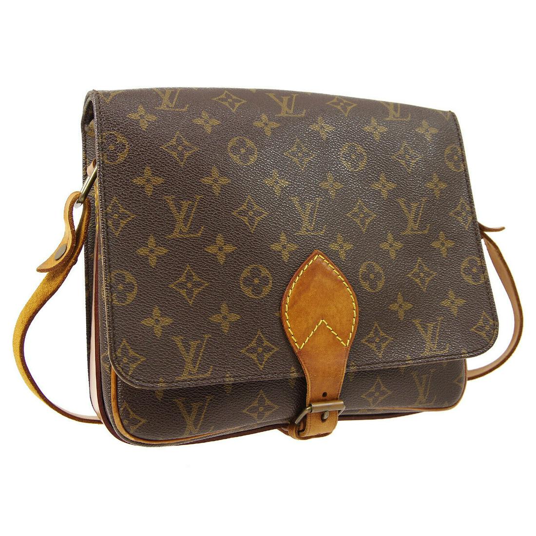 Authentic LOUIS VUITTON CARTOUCHIERE Monogram Canvas,: Brand: LOUIS VUITTON Material: Monogram canvas, Leather Style: Cross Body Color: Brown Size(inch): W10.2 x H8.3 x D3.0 " Size(inch): W 10.2 x H 8.3 x D 3.0 "Strap Drop. 20.1 - 21.7 " Country of Origin