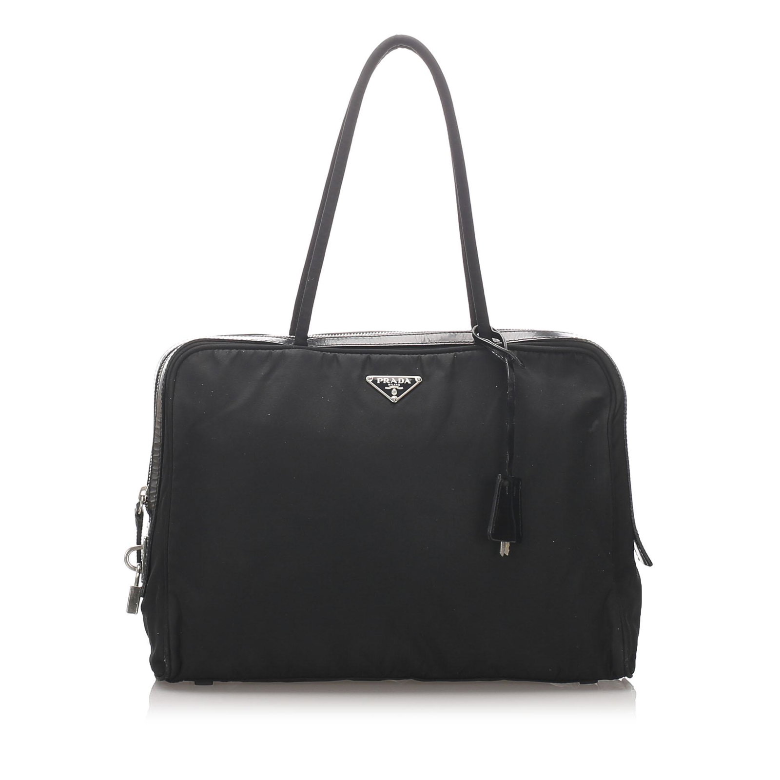 Authentic Prada Tessuto Handbag: This handbag features a nylon body rolled straps a top zip closure and an interior zip pocket. Brand: Prada Model: Tessuto Handbag Origin: ITALY Category: Handbag Color: Black Style: Tessuto Material: