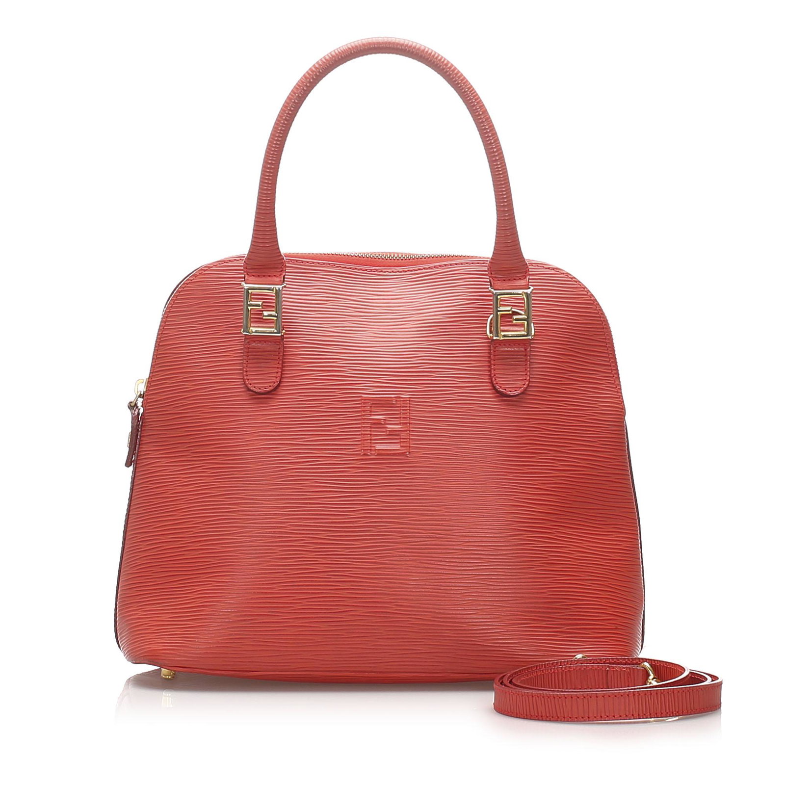 Authentic Fendi Leather Handbag: This handbag features a leather body rolled leather handles a top zip closure and an interior zip pocket. Brand: Fendi Model: Leather Handbag Origin: Italy Category: Handbag Color: Red Style: Others M