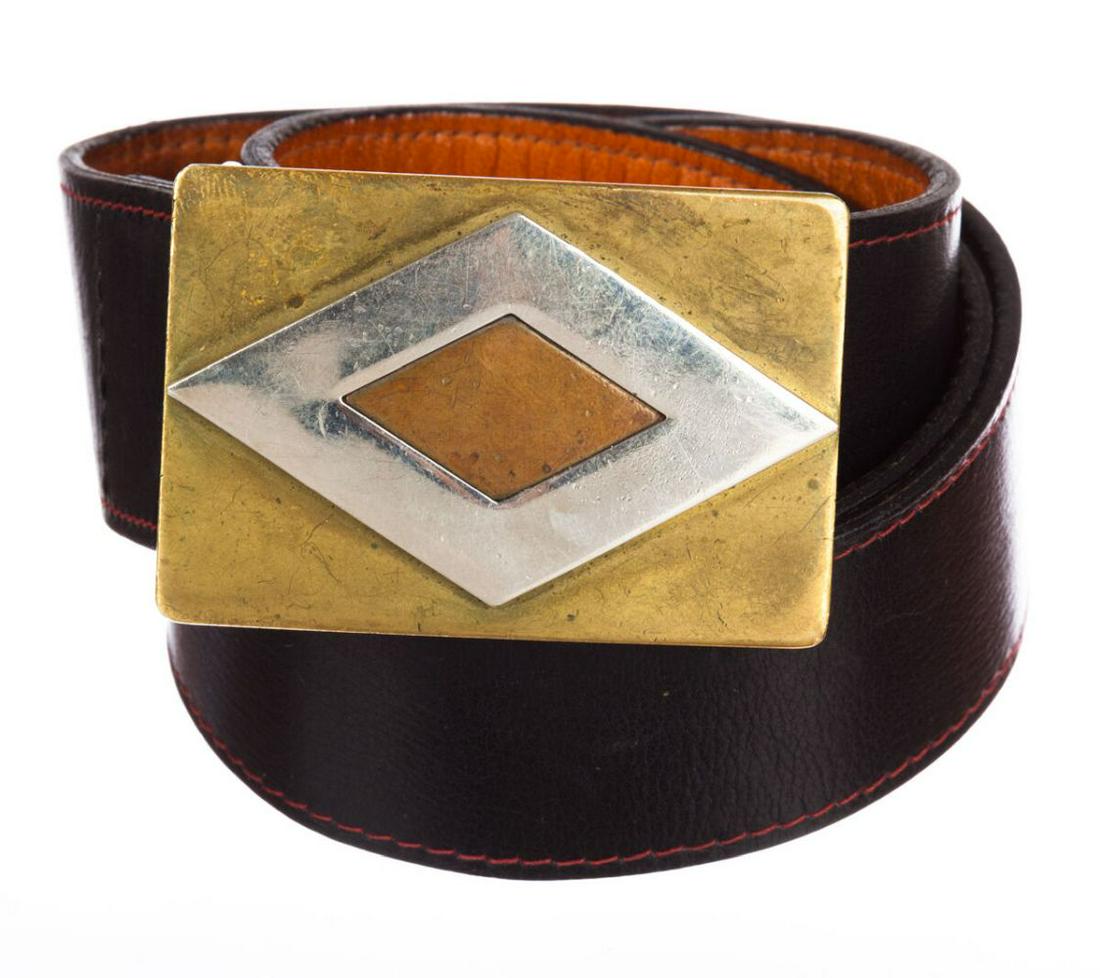 Authentic Retro Design Inspired PIERRE CARDIN Leather: Brand: PIERRE CARDIN Material: Leather Size: M Pierre Cardin calf leather belt with brass copper and white brass buckleâ€¦.Circa 1960â€™sâ€¦.Belt is 38” long and 1 3/8” wideâ