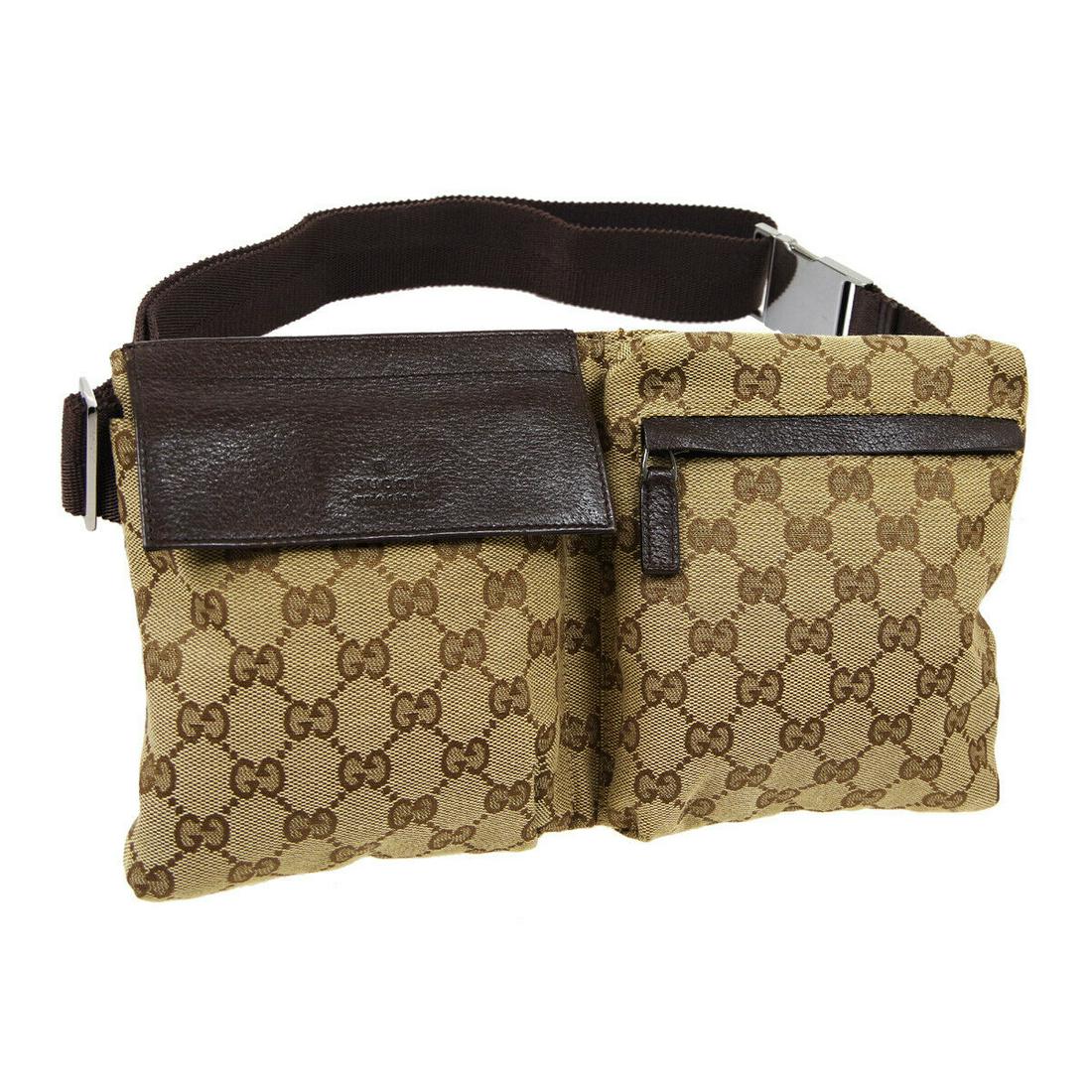 Authentic GUCCI Canvas, Leather Bum Bag: Brand: GUCCI Material: Canvas, Leather Style: Bum Bag Color: Brown Size(inch): W11.6 x H6.7 x D0.8 " Size(inch): W 11.6 x H 6.7 x D 0.8 "Belt Size. 32.3 - 46.5 " Country of Origin: Italy Come with: - 