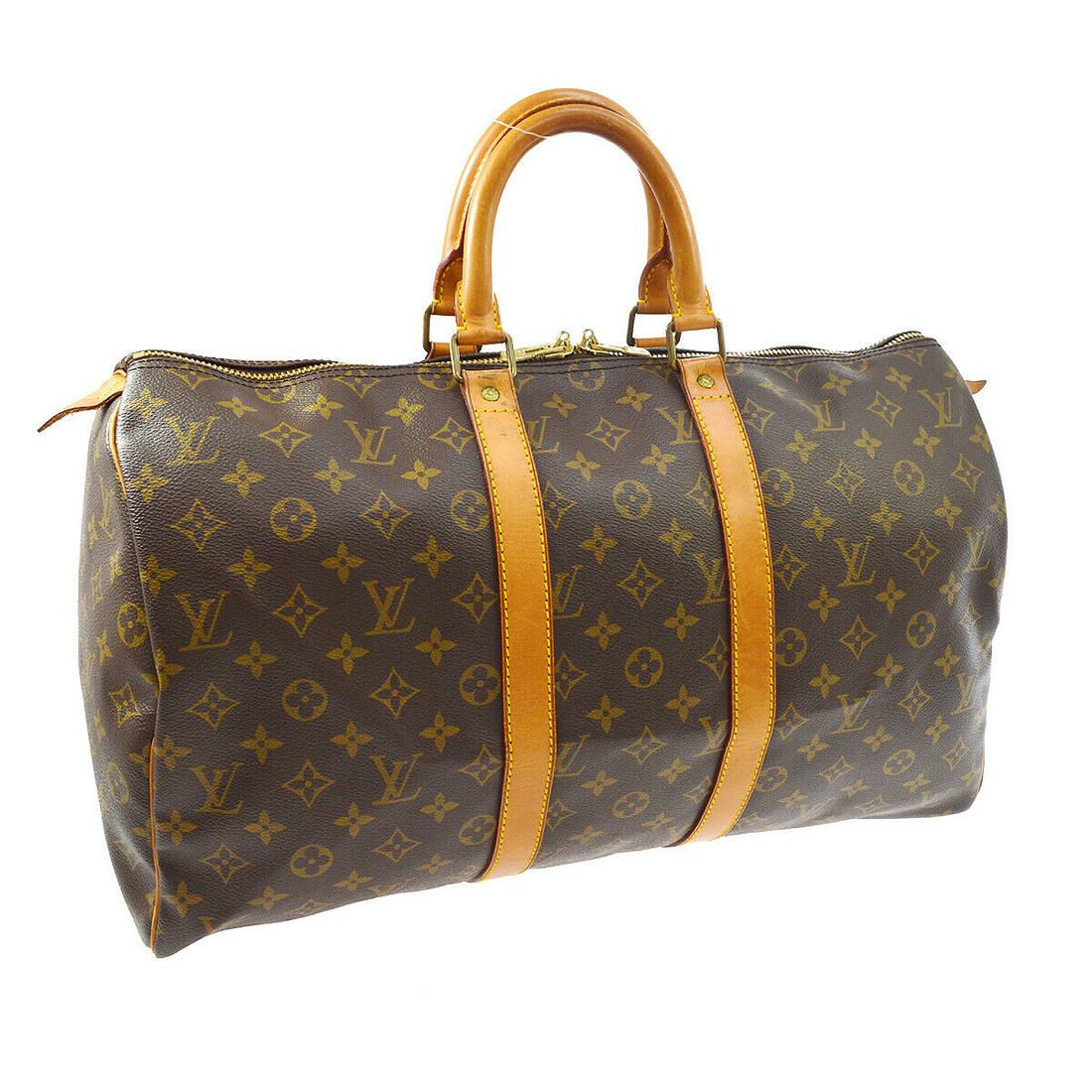 Authentic LOUIS VUITTON Monogram Canvas, Leather Travel: Brand: LOUIS VUITTON Material: Monogram Canvas, Leather Style: Travel Hand Bag Color: Brown Size(inch): W17.7 x H11.0 x D7.9 " Size(inch): W 17.7 x H 11.0 x D 7.9 "Handle Drop. 3.9 " Country of Origin