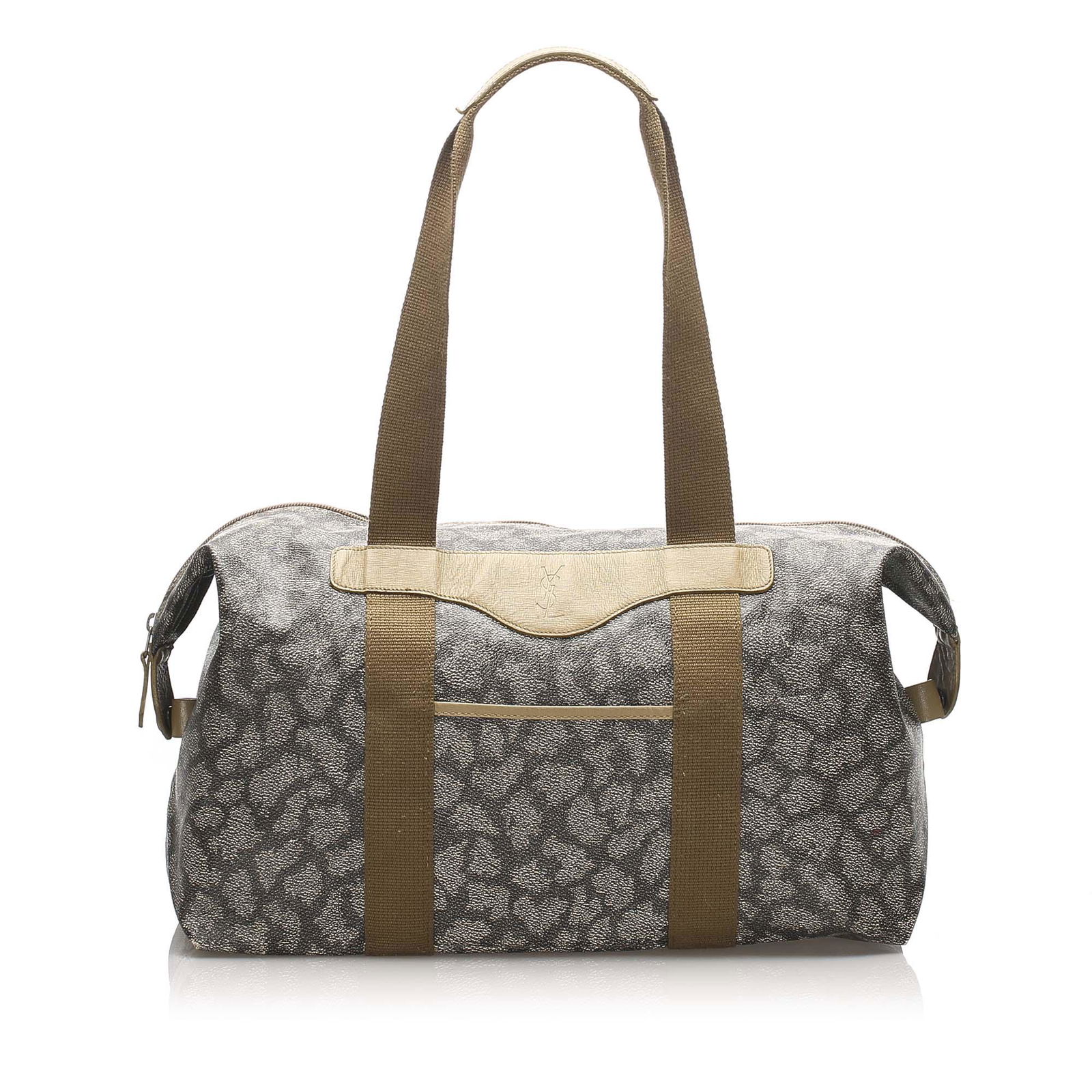 Authentic YSL Printed Duffle Bag: This duffle bag features a PVC body with leather and canvas trim flat straps and a top zip closure. Brand: YSL Model: Printed Duffle Bag Origin: France Category: Travel Bag Color: Gray x Brown x Beige