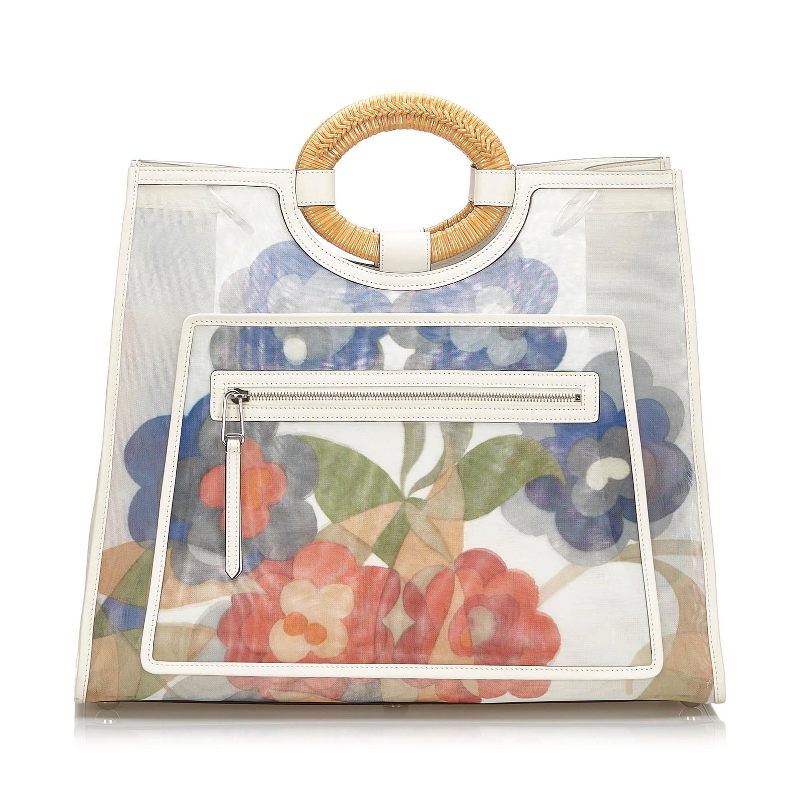 Authentic Fendi Floral Mesh Runaway Tote: The Runaway tote features a printed mesh body with leather trim a front exterior zip pocket rattan handles and an open top. Brand: Fendi Model: Floral Mesh Runaway Tote Origin: Italy Category: Tote Ba