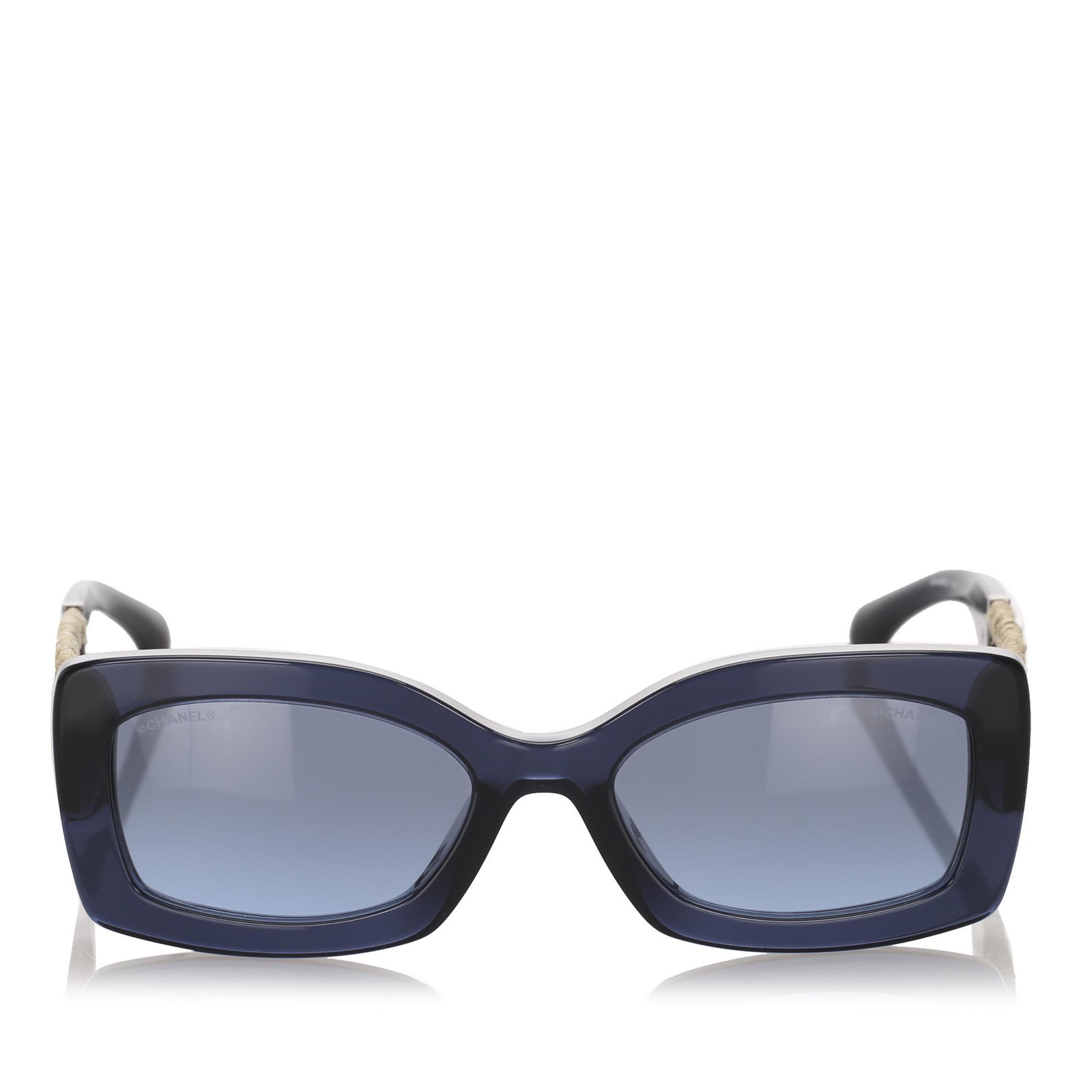 Authentic Chanel Rectangle Tinted Sunglasses: These sunglasses feature an acetate body with rope detail and tinted lenses. Brand: Chanel Model: Rectangle Tinted Sunglasses Origin: France Category: Sunglasses Color: Blue x Dark Blue x Gold Style: 