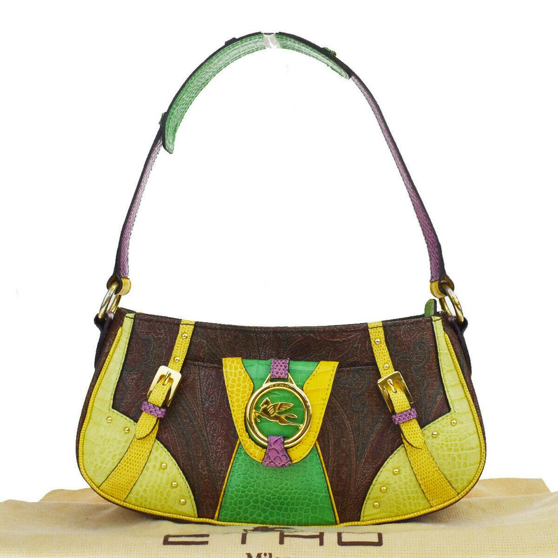 Authentic ETRO Shoulder Bag: Brand: ETRO Model: Shoulder Bag Country of Origin: Italy Material: PVC Leather Color: Bordeaux Yellow Green Size (Inch): W11.4X H5.5X D2.8" Size (CM): W29X H14X D7Cm All Bidhaus items come with a 100