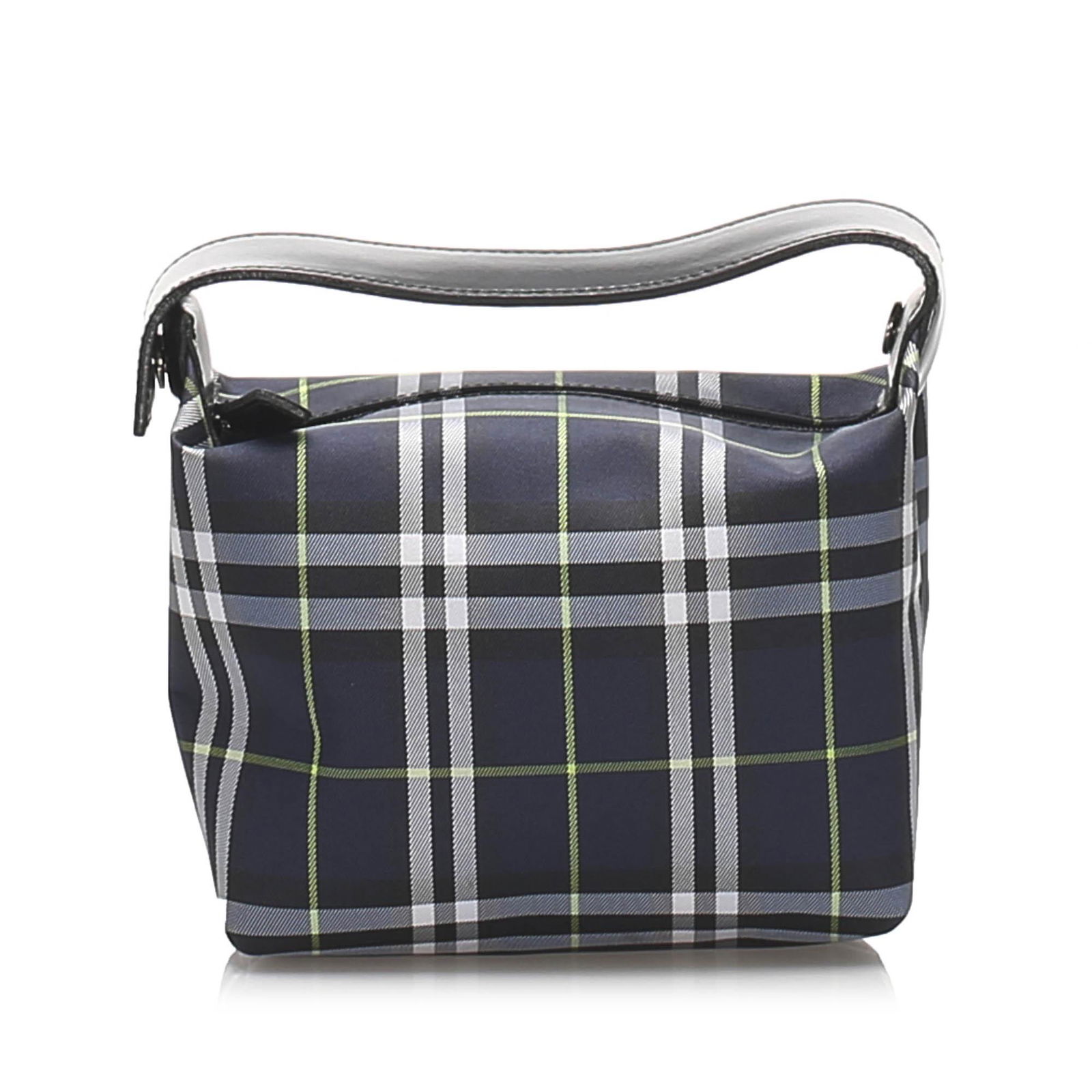 Authentic Burberry Plaid Nylon Handbag: This handbag features a plaid nylon body a flat leather handle and a top zip closure. Brand: Burberry Model: Plaid Nylon Handbag Origin: United Kingdom Category: Handbag Color: Blue x Multi Style: Oth