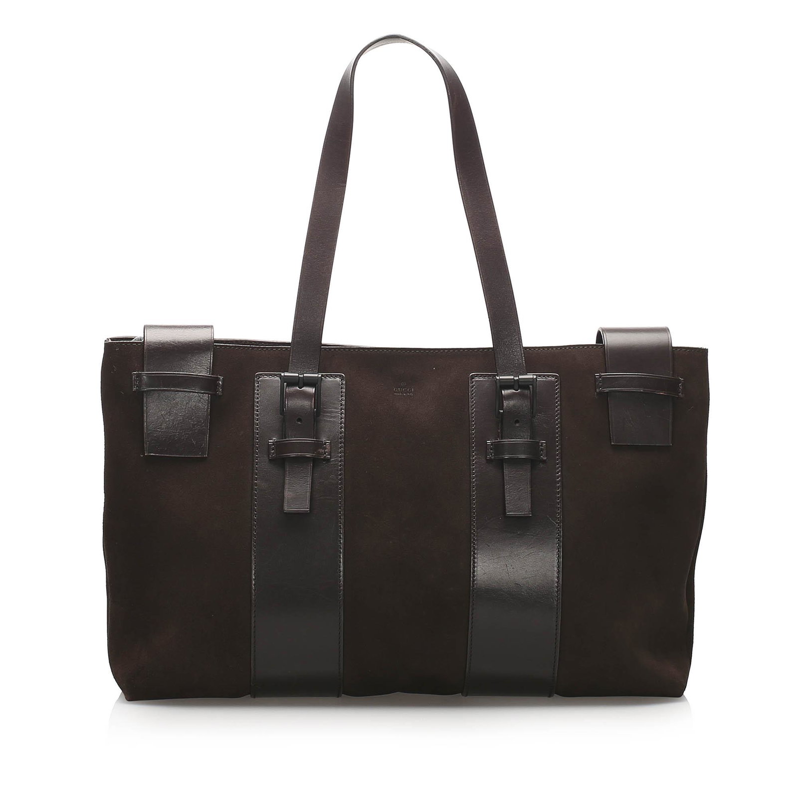 Authentic Gucci Suede Tote Bag: This tote bag features a suede leather body flat leather straps magnetic closure and interior zip pocket. Brand: Gucci Model: Suede Tote Bag Origin: Italy Category: Tote Bag Color: Brown x Dark Brown 
