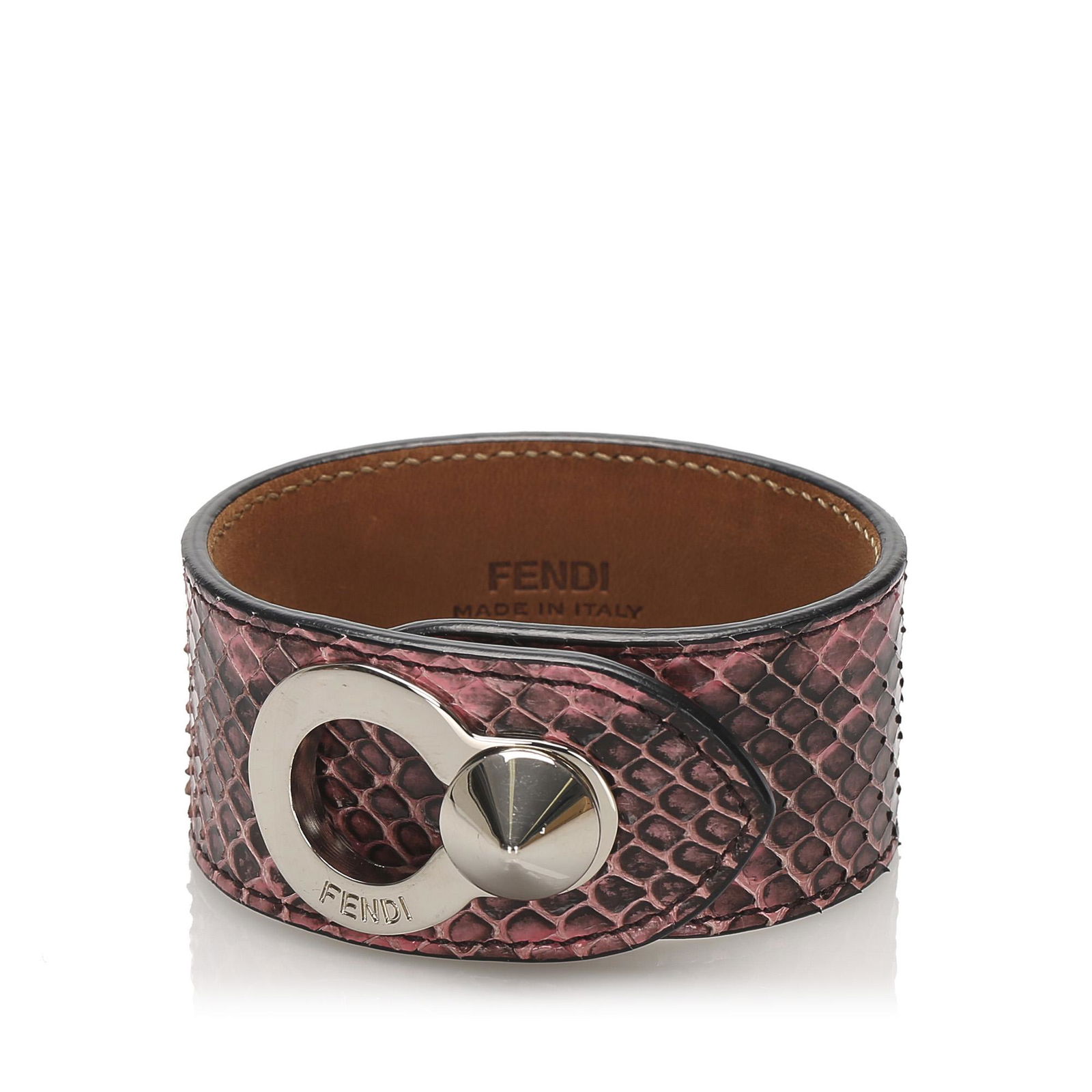 Authentic Fendi Python Leather Cuff: This cuff features a python leather body and metal hardware. Brand: Fendi Model: Python Leather Cuff Origin: Italy Category: Costume Bracelet Color: Pink x Black Style: Others Material: Leather x Pyth