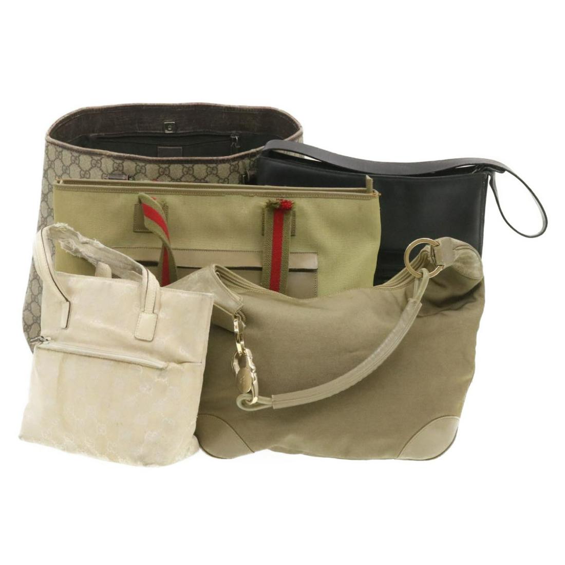 Authentic GUCCI GG Canvas Hand Bag Shoulder Bag 5set: Brand: GUCCI Style: Shoulder Bag Material: PVC Leather Color: Beige/ Khaki/ Black Made In: Italy Size (Inches): - Exterior Condition: PVC Leather : lose shape rubbing stain crack Leathe