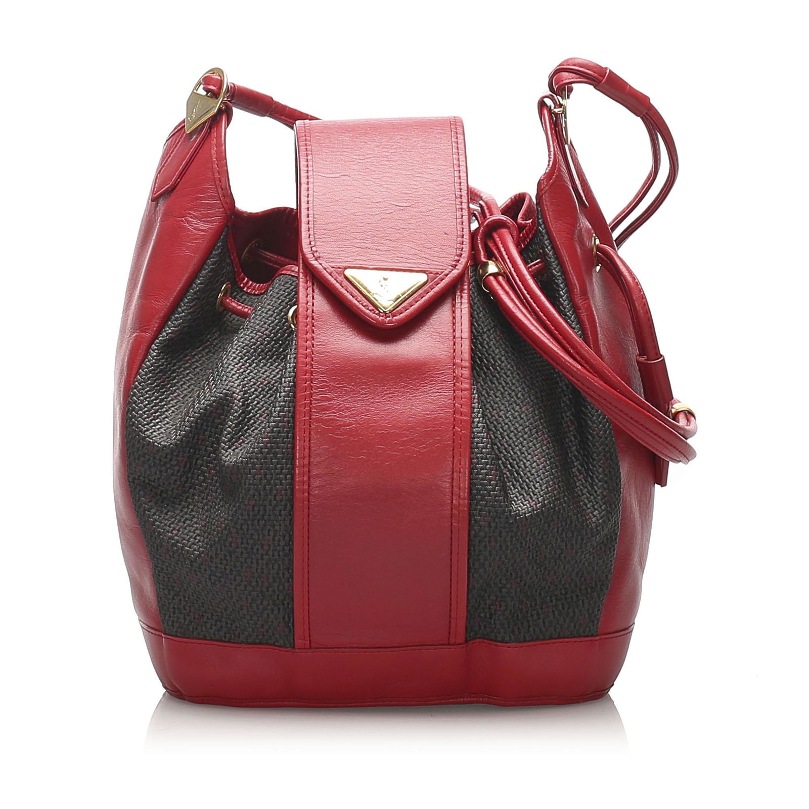 Authentic YSL Drawstring Canvas Bucket Bag: This bucket bag features a canvas body with leather trim a flat leather strap a front leather strap and drawstring closure. Brand: YSL Model: Drawstring Canvas Bucket Bag Origin: France Category: Buck