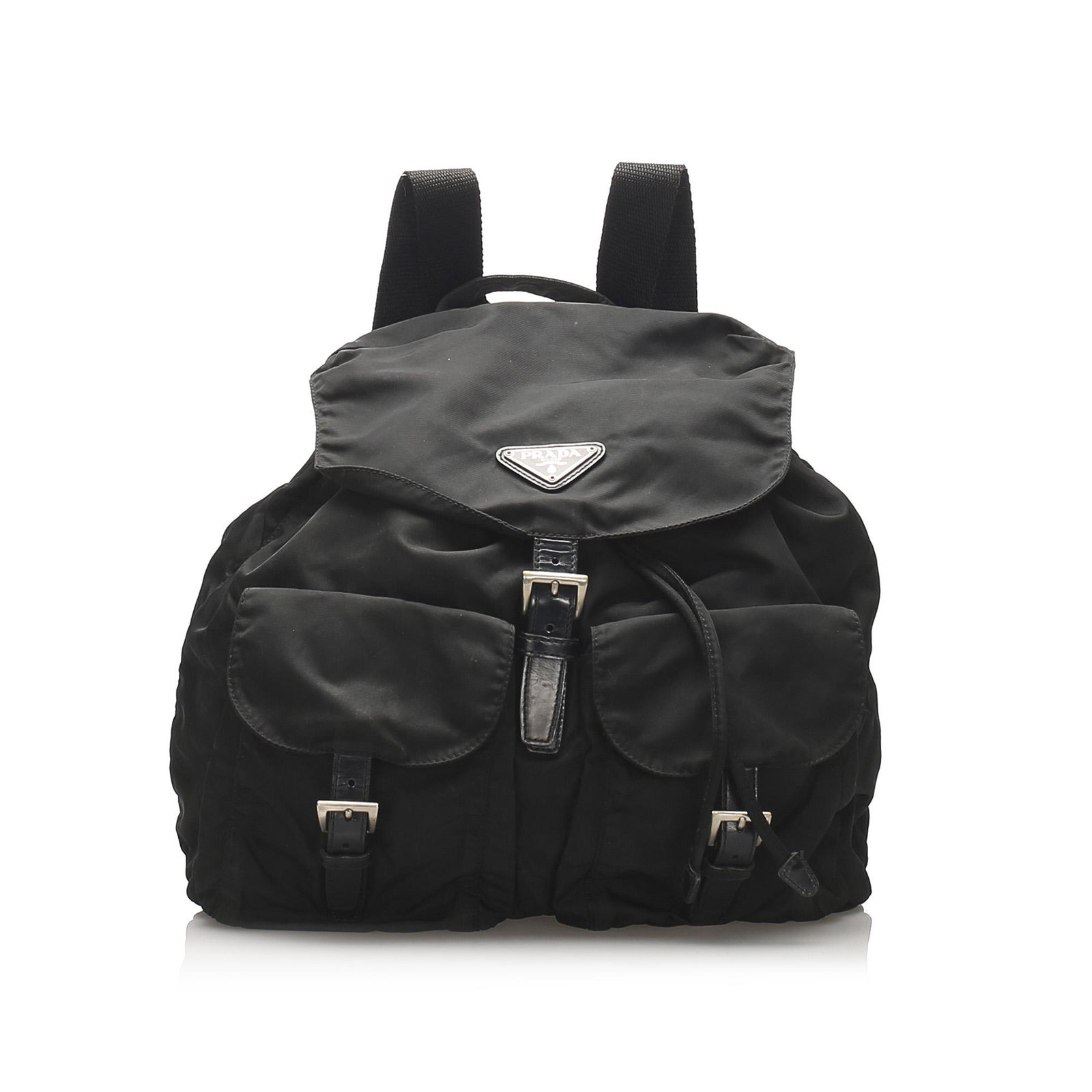 Authentic Prada Tessuto Drawstring Backpack: This backpack features a nylon body with leather trim exterior front flap pockets with leather buckle closure flat back straps a flat top handle a top flap with buckle closure a top drawstring closure