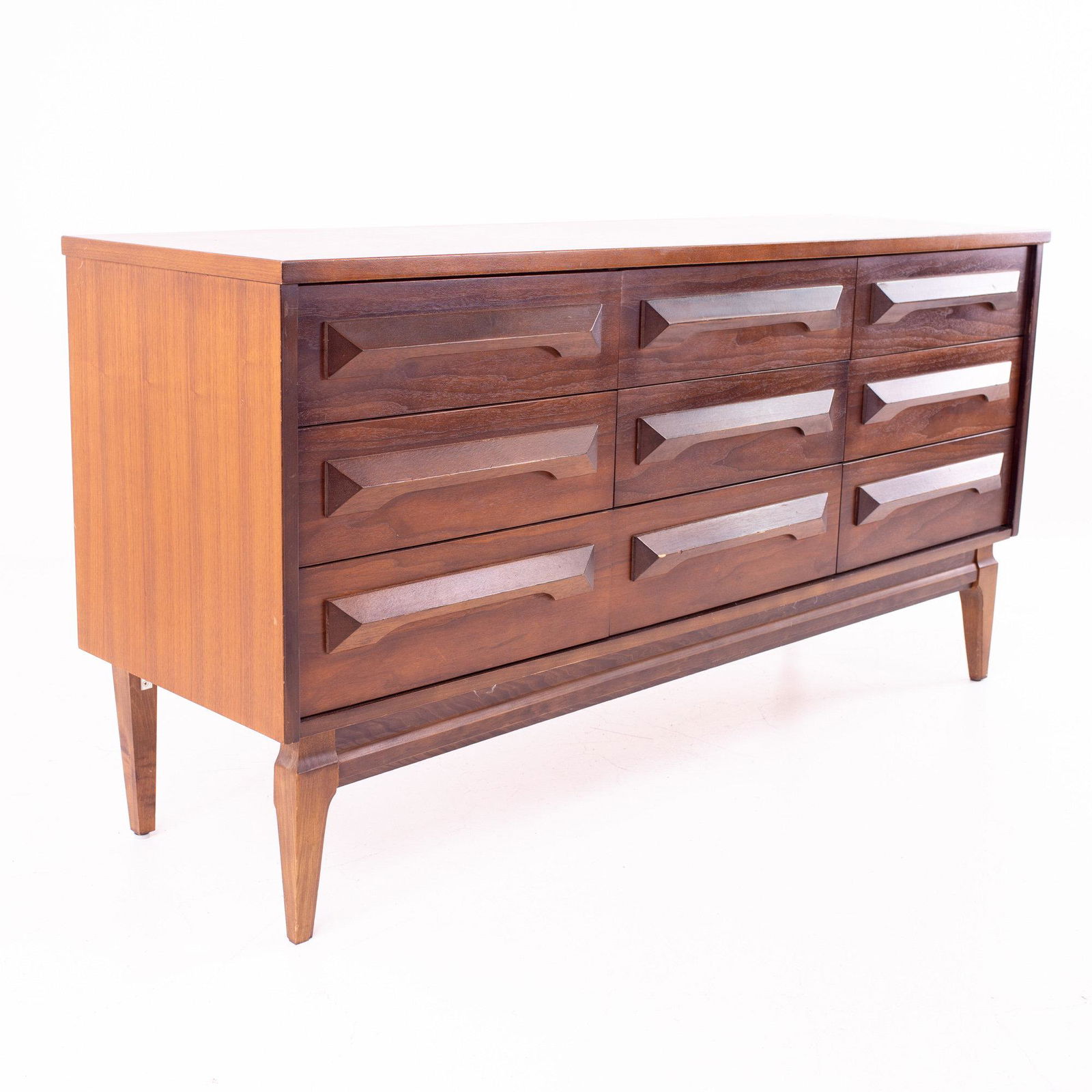 United Style Mid Century Sculpted Front Brutalist 9: United Style Mid Century Sculpted Front Brutalist 9 Drawer Lowboy Dresser 60.25 wide x 17.5 deep x 30.25 high See Terms & Conditions or contact us for shipping rates. It is your responsibility to insp