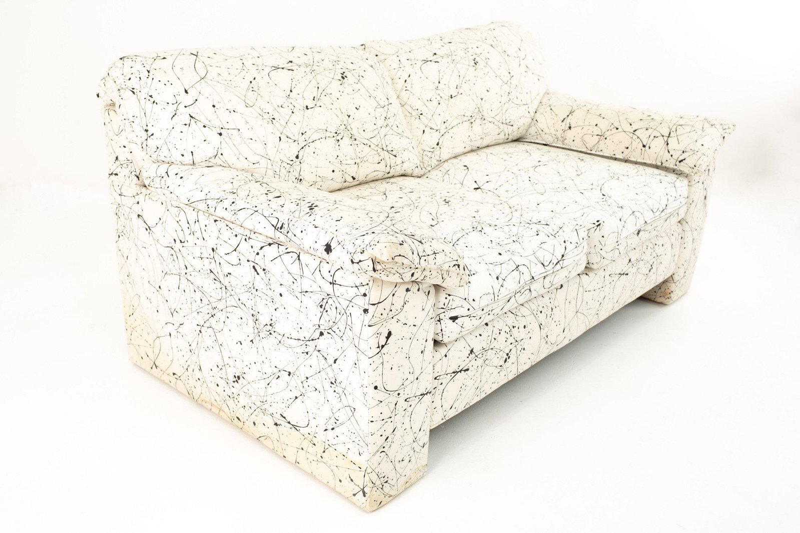 Ink Splatter Mid Century Loveseat: Ink Splatter Mid Century Loveseat Love seat measures: 59 wide x 34 deep x 31 high with a seat height of 17 See Terms & Conditions or contact us for shipping rates. It is your responsibility to inspect