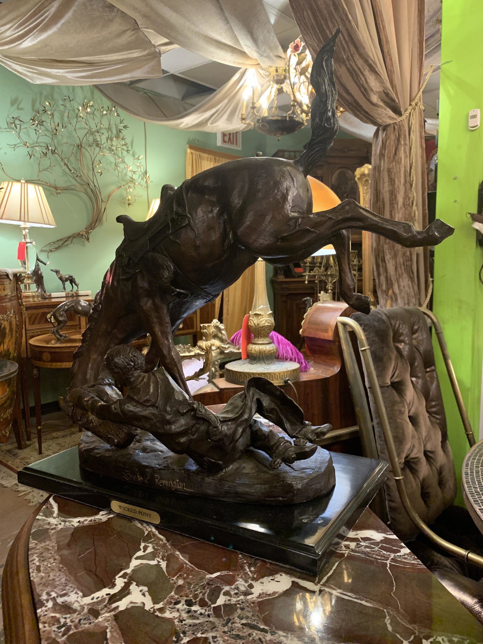 Frederic Remington Wicked Pony Bronze Sculpture: Frederic Remington Wicked Pony Bronze Sculpture H 24â€ W 21â€ D 11â€ Great vintage condition Condition: Contact Bidhaus if you require additional con