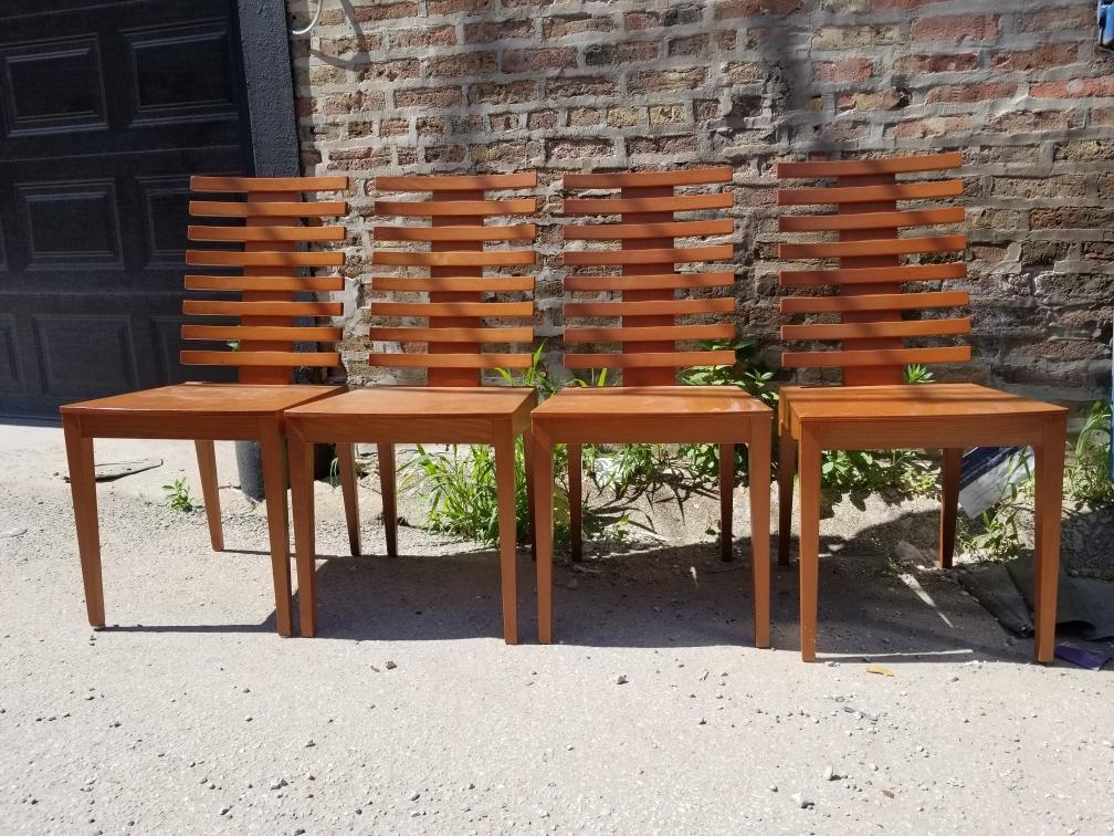 Mid Century Modern Structural Teak Italian Designer: Vintage Mid Century Modern Structural Teak Italian Designer Dining Chairs by IMS Italia - Set of 4 Circa 1970 H 36 W 17 D 17 Seat H 18 Good vintage condition Condition: Contact Bidhaus if you requ