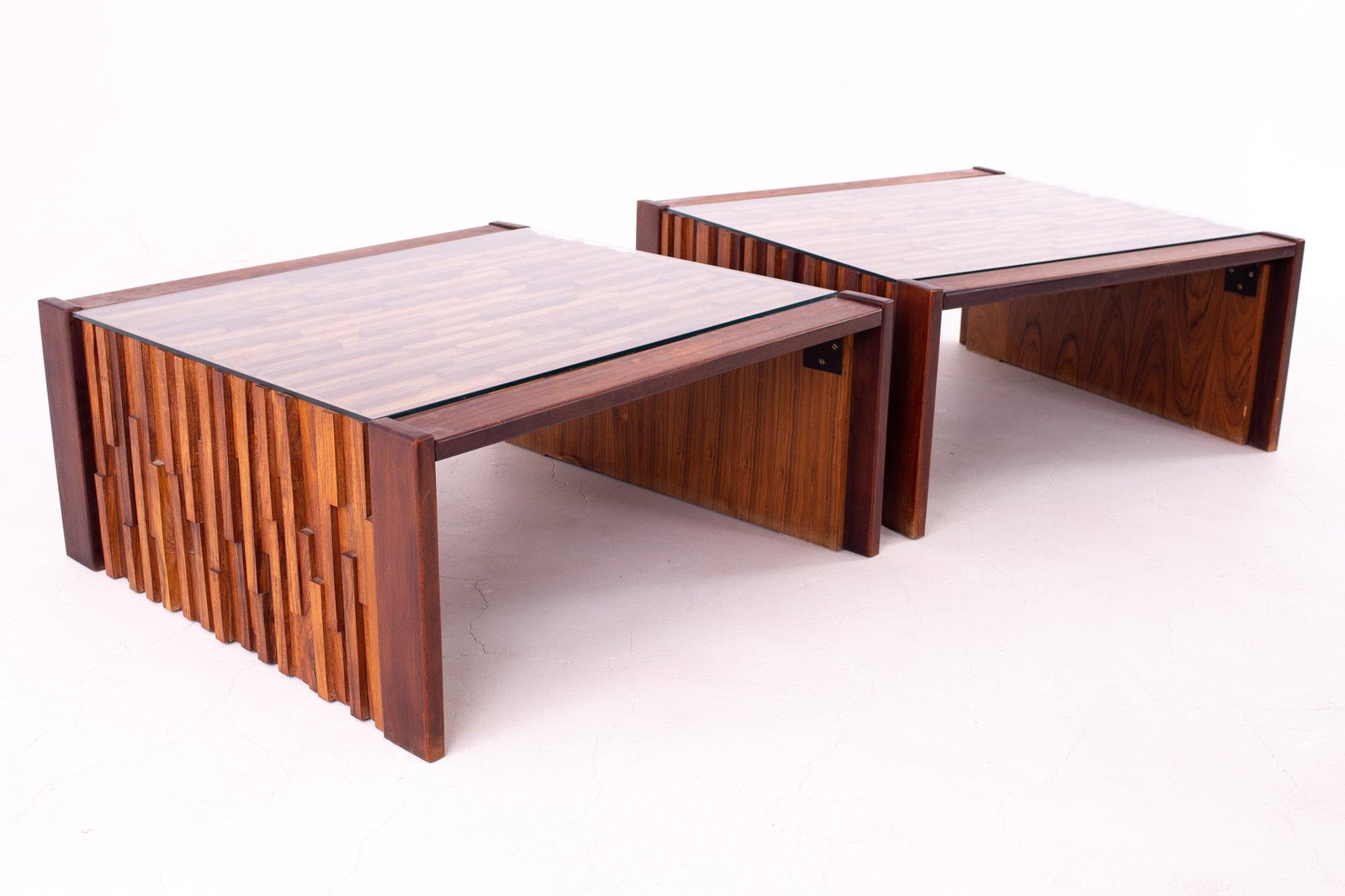 Percival Lafer Brazilian Brutalist Mid Century: Percival Lafer Brazilian Brutalist Mid Century Jacaranda Mosaic Coffee Side End Table-Pair 30.5 Wide x 30 Deep x 13.75 High Restored Vintage Condition. Piece is restored upon purchase so itâ̈́