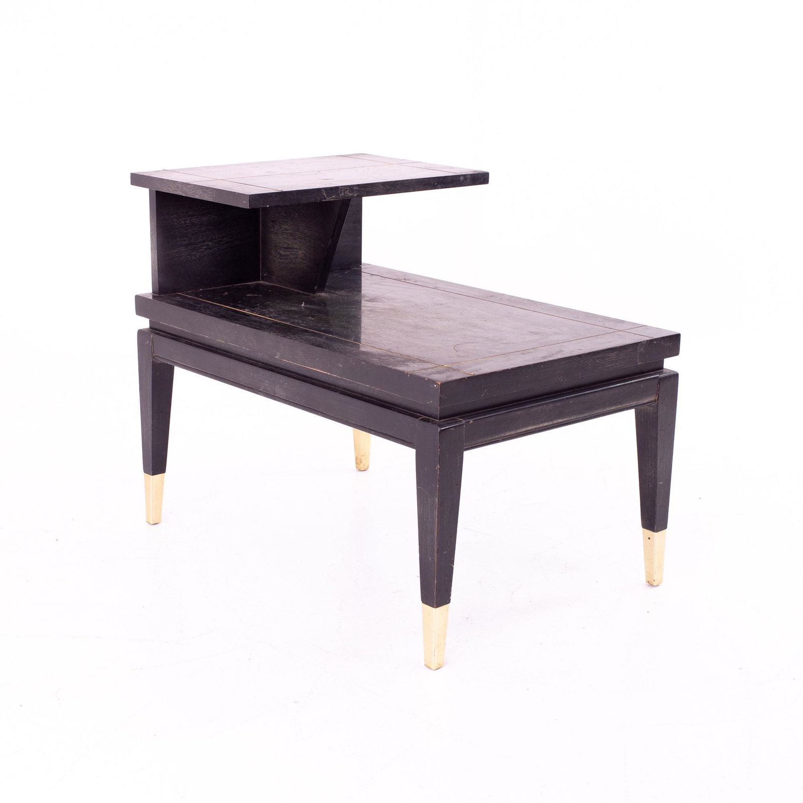 Lane Mid Century Two Tier Brass Accented End Table: Lane Mid Century Two Tier Brass Accented End Table Table measures: 19 wide x 29 deep x 23.5 high See Terms & Conditions or contact us for shipping rates. It is your responsibility to inspect the item