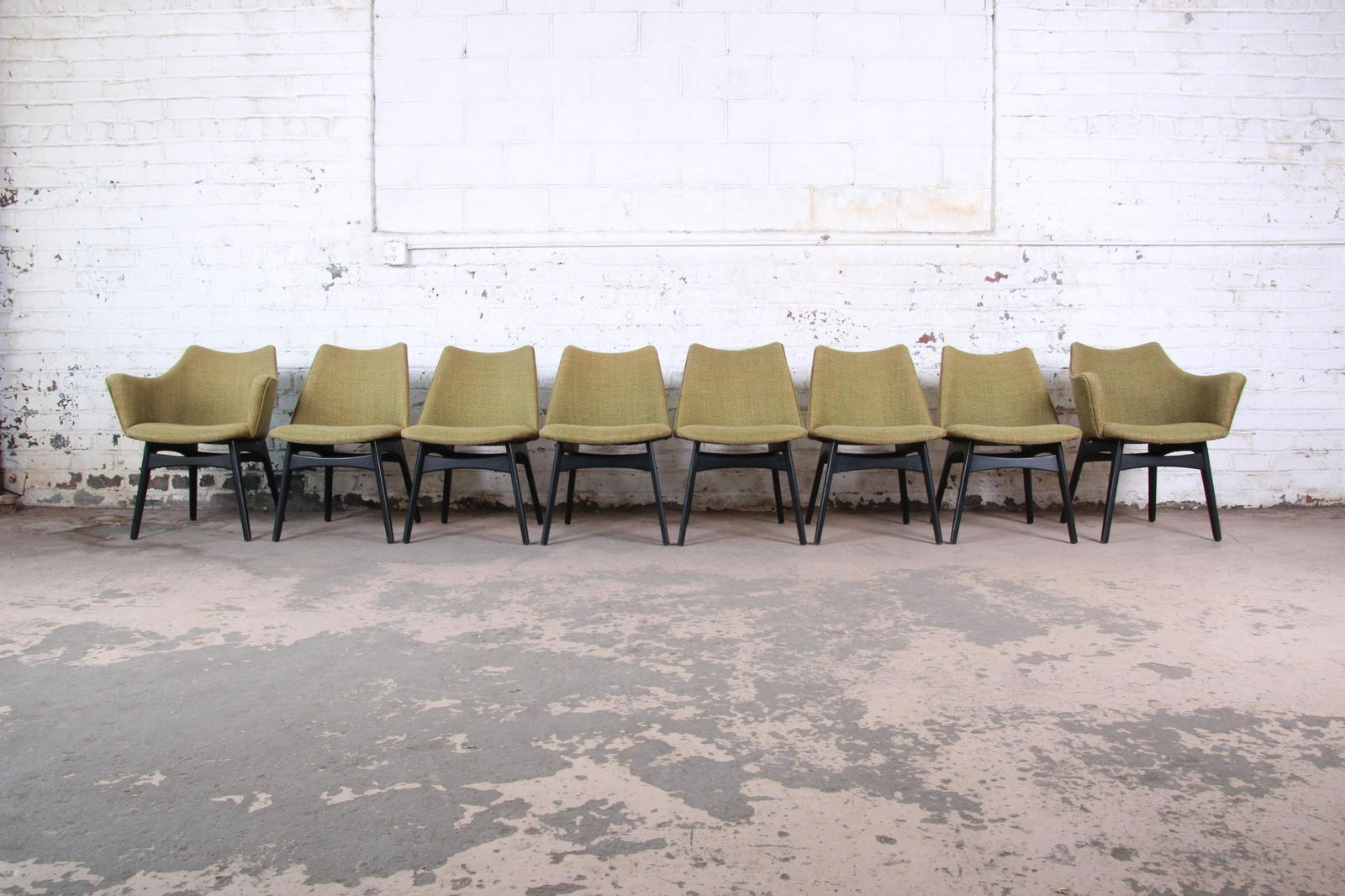 Authentic Adrian Pearsall for Craft Associates: Mid-century modern sculpted ebonized walnut upholstered dining chairs Designed by Adrian Pearsall for Craft Associates USA 1960s Ebonized sculpted walnut frames + original olive upholstery Measures: s