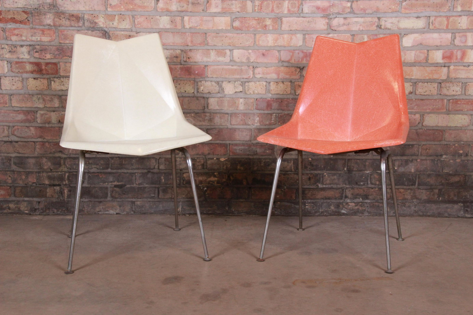 Authentic Paul McCobb Fiberglass Origami Chairs Pair: A rare pair of mid-century modern molded fiberglass "origami" chairs By Paul McCobb for St. John Seating Corporation USA 1950s Measures: 21"W x 22.5"D x 32.5"H. Seat height 18". Good original vintage 