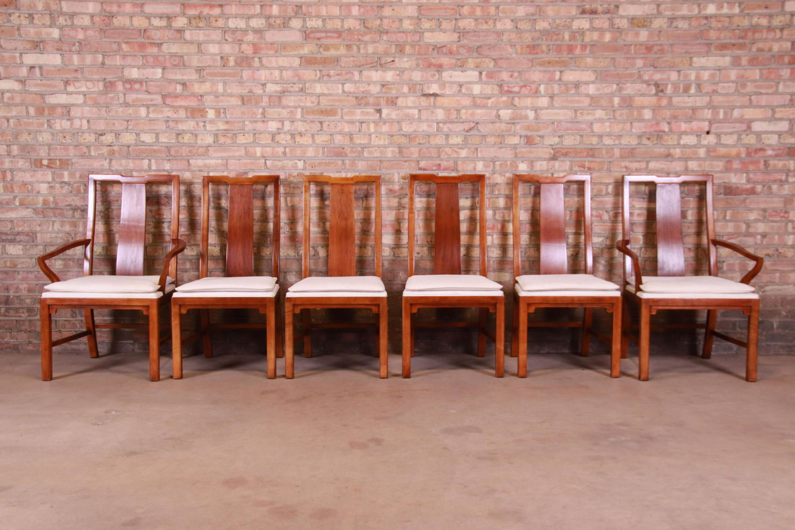 Authentic Michael Taylor for Baker Far East Collection: An exceptional set of six mid-century Hollywood Regency Chinoiserie dining chairs including two captain's chairs and four side chairs. By Michael Taylor for Baker Furniture "Far East Collection" USA 2