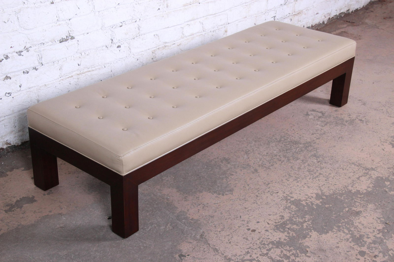 Authentic Michael Taylor for Baker Custom Long Bench in: A rare and exceptional mid-century modern Parsons bench designed by Michael Taylor for Baker Furniture. The bench features a gorgeous mahogany frame and legs and sleek minimalist mid-century design. R