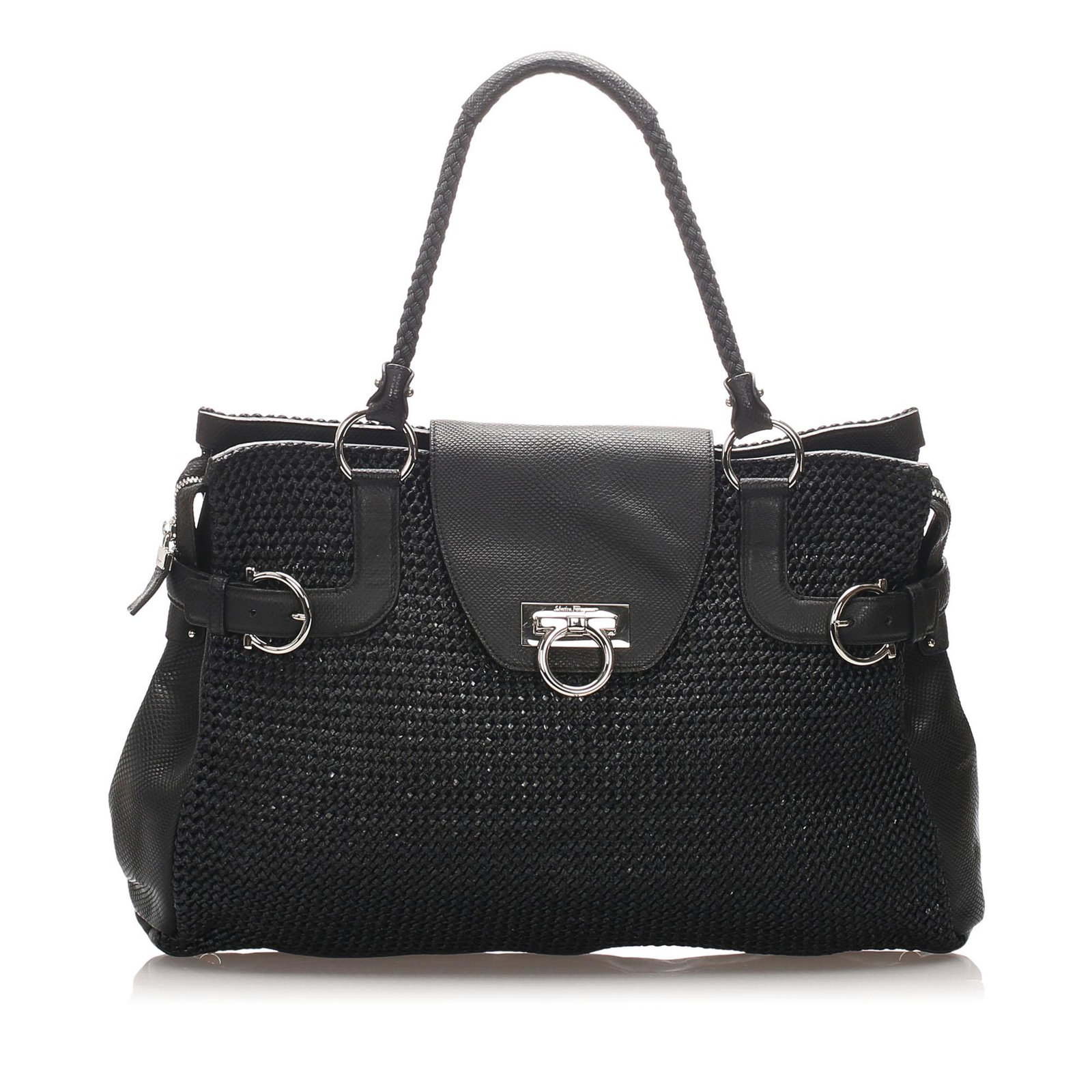 Authentic Ferragamo Gancini Straw Tote Bag: The Gancini tote bag features a woven straw body with leather trim braided nylon handles a top flap with turn lock closure and interior slip pockets. Brand: Ferragamo Model: Gancini Straw Tote Bag Ori