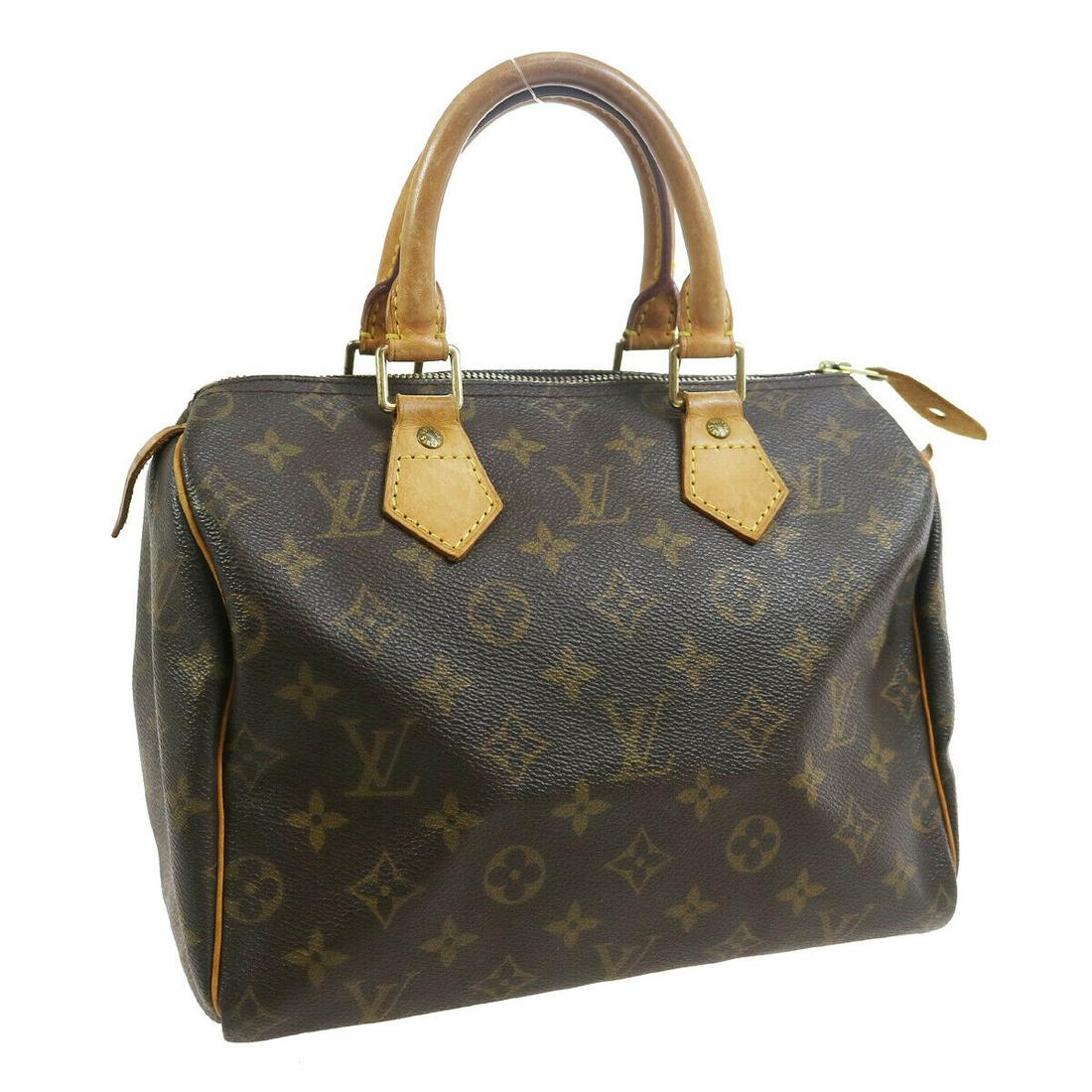 Authentic LOUIS VUITTON Speedy 25 Double Handles: Brand: LOUIS VUITTON Model: Speedy 25 Double Handles Country of Origin: France Material: Canvas Color: Brown Size (Inch): W 9.8 x H 7.5 x D 5.9 " Handle Drop. 3.5 " Size (CM): W 25.0 x H 19.0 x D 15.0