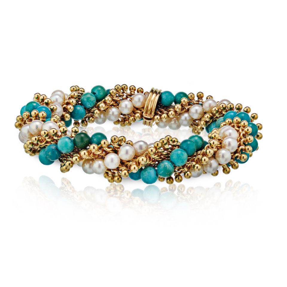 Authentic Van Cleef & Arpels Circa 1950's Vintage: Type: Vintage Bracelets Brand: Van Cleef & Arpels Style: Circa 1950 s Metal: 18K Yellow Gold Grams: 54.2 Other Details: Twist Turquoise & Pearl All Bidhaus items come