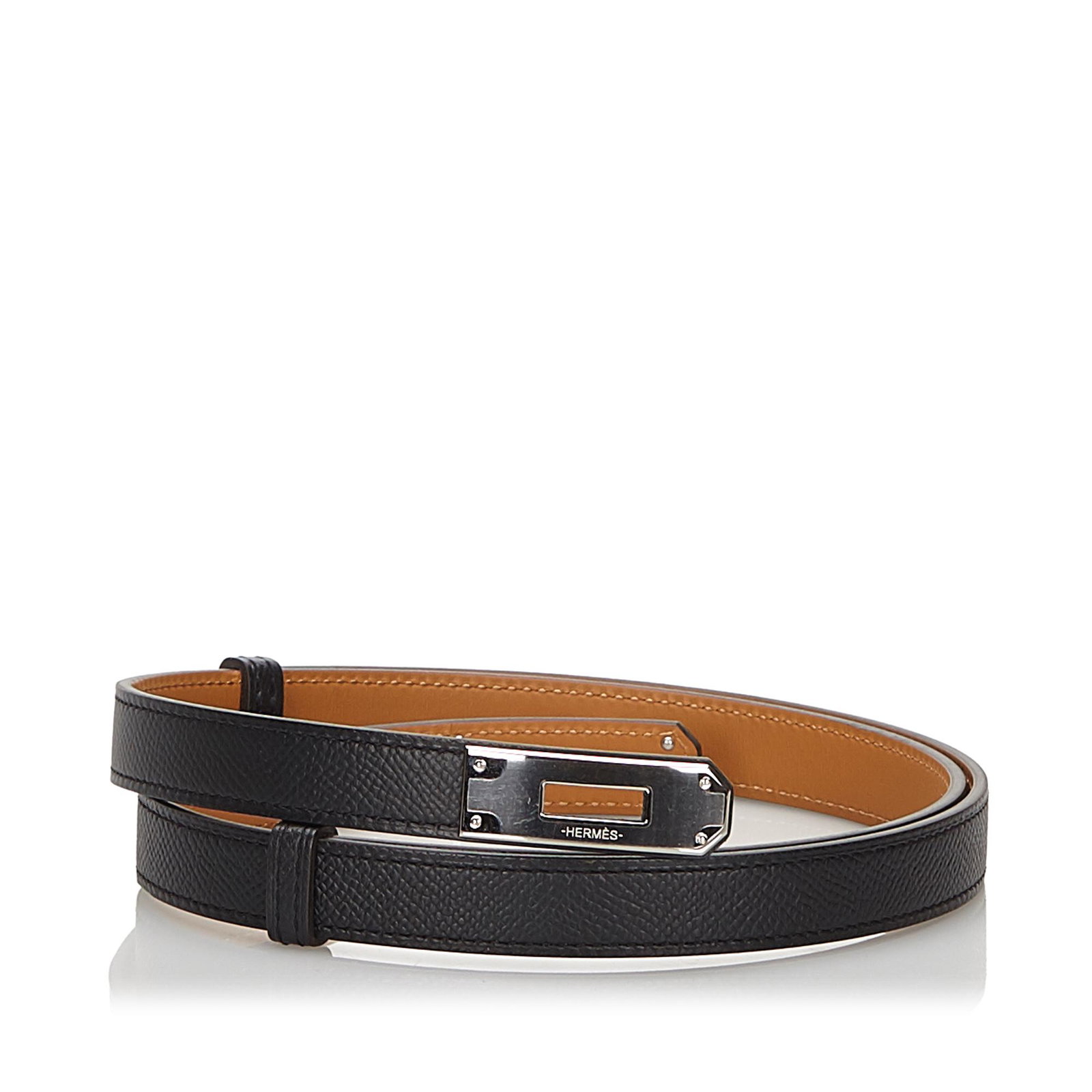 Authentic Hermes Epsom Kelly Belt: The Kelly belt features a leather body and a silver-tone buckle closure. Brand: Hermes Model: Epsom Kelly Belt Origin: France Category: Belt Color: Black x Silver Style: Others Material: Leather x Cal