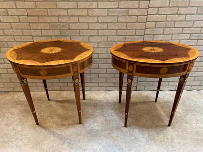 Kindel Furniture Company Mahogany Inlaid New York: Kindel Furniture Company Mahogany Inlaid New York Empire Oval Side Tables - Pair Circa 1930 H 29 W 29 D 22 Good condition All Bidhaus items come with a 100% money-back guarantee that the item is as de