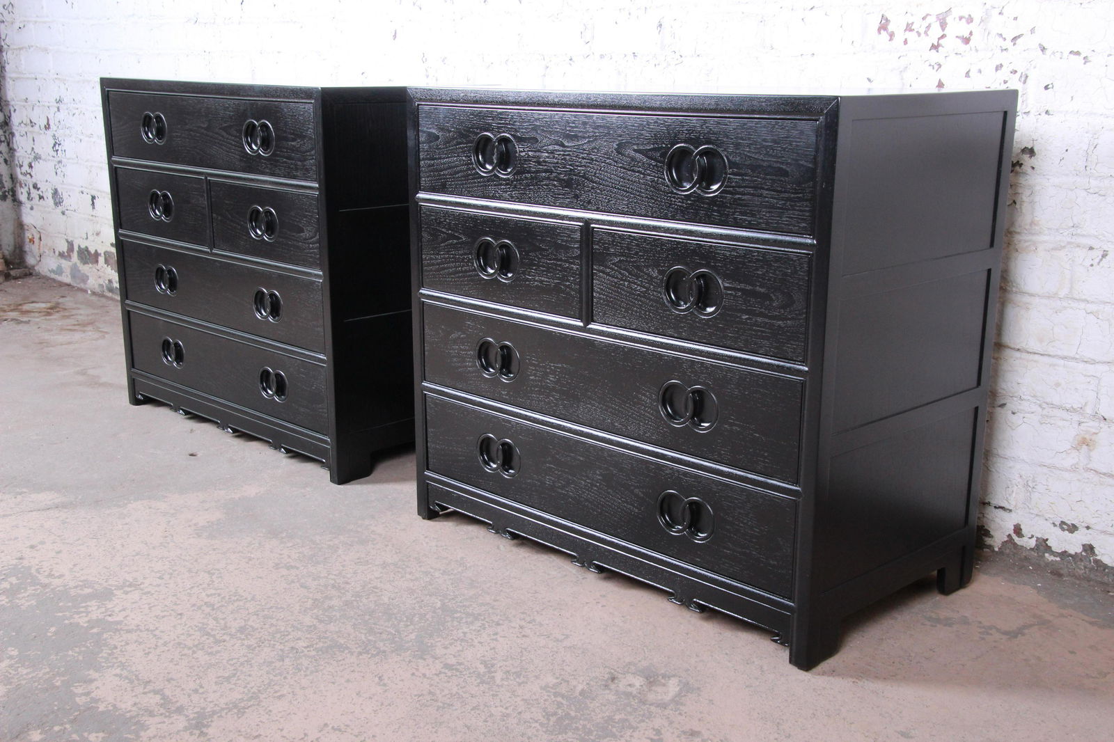 Authentic Michael Taylor for Baker Far East Collection: Mid-century modern Hollywood Regency Chinoiserie bachelor chests Designed by Michael Taylor for Baker Furniture "Far East Collection" USA 1950s Measures: 36"W x 19"D x 32.25"H. Expertly refinished. Pr