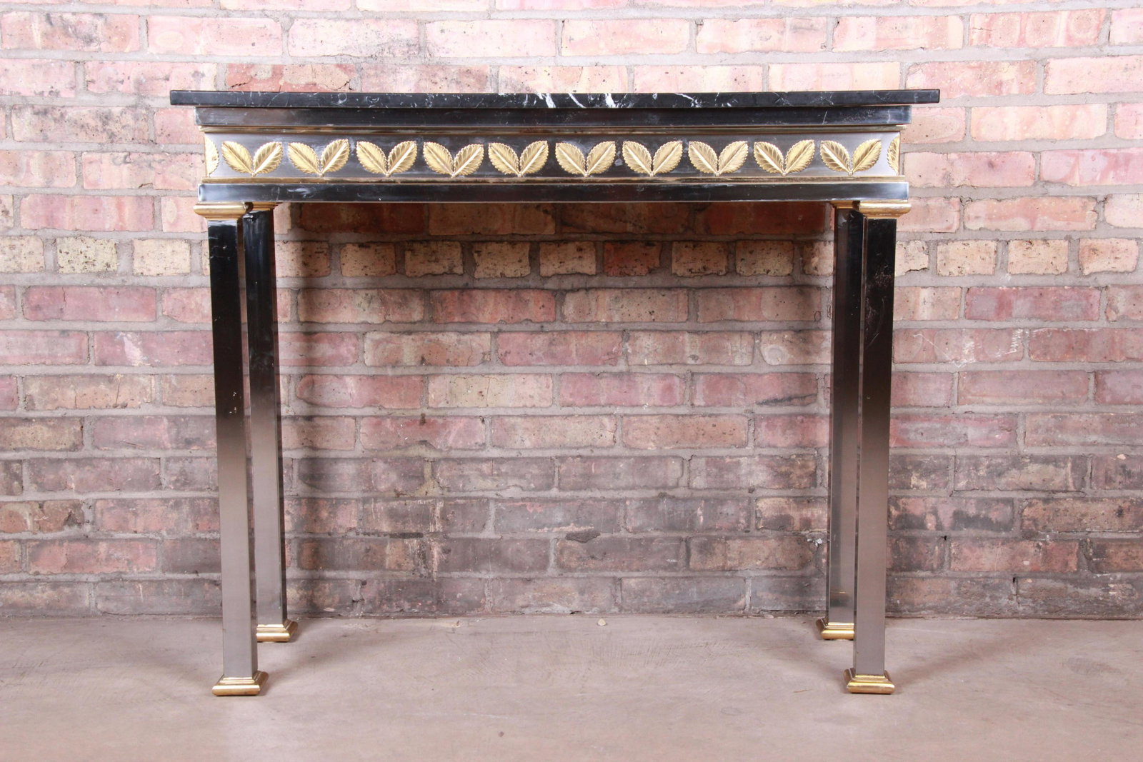 Authentic Italian Modern Console Table in Chrome Brass: A gorgeous modern Hollywood Regency console or sofa table Attributed to Labarge Italy Circa 1980s Chrome and brass with Italian marble top. Measures: 40.38"W x 15.63"D x 33.13"H. Good original vintage