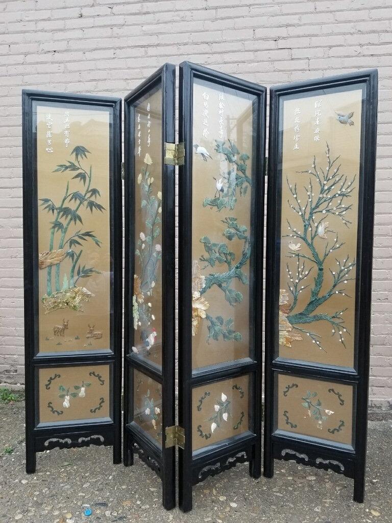 Johnson Carved Furniture Co. Asian Hand Painted Glass: Antique Imported Asian Hand Painted Black Lacquer Glass Enclosed Mother of Pearl Design 4 Panel Screen / Room Divider by Johnson Carved Furniture Co. Republic of China Circa 1910 H 71.5 W 72 Each Pane