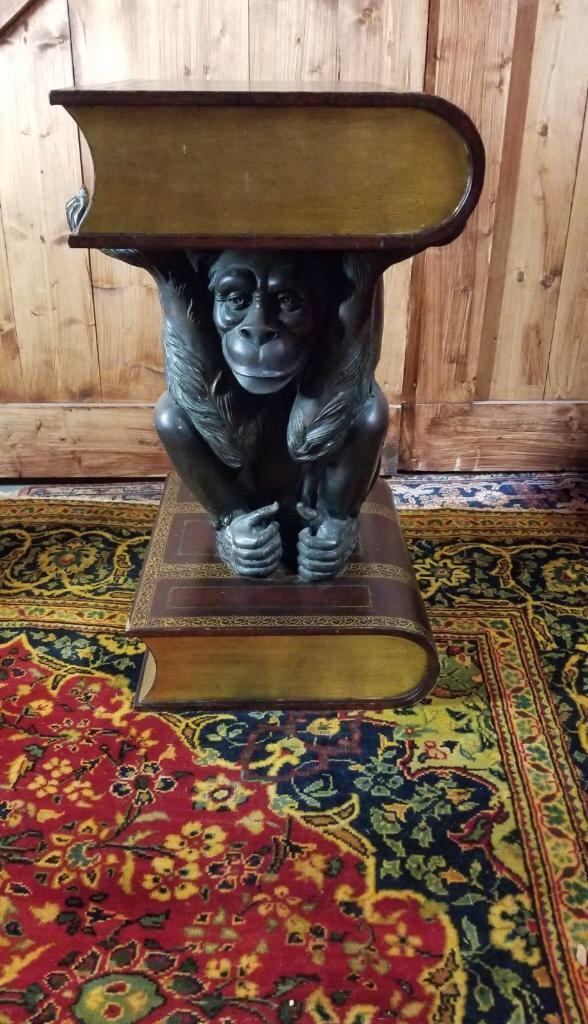Maitland Smith Figurative Whimsical Brass Monkey Side: Rare Maitland Smith Figurative Whimsical Brass Monkey Base with Faux Leather Book Top Side Table About 20 years ago two antiques experts wrote a book titled Fantasy Furniture. This Whimsical table add