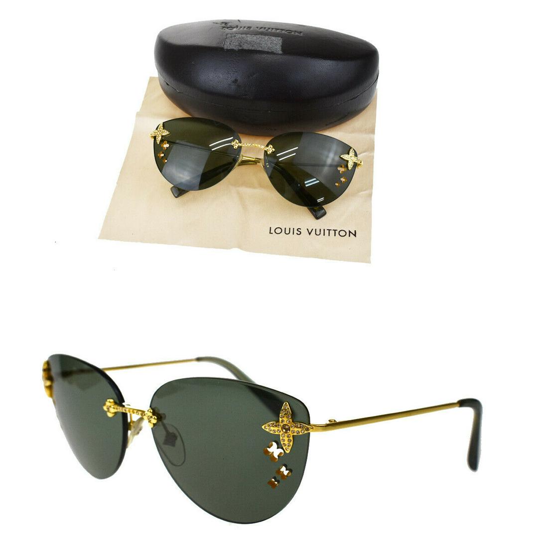 Authentic LOUIS VUITTON Sunglasses: Brand: LOUIS VUITTON Model: Sunglasses Country of Origin: France Material: Metal Color: Gold Green Size (Inch): W2.2X H1.8X D0"Size (CM): W5.5X H4.5X D0Cm All Bidhaus items come with a 100 % money-bac