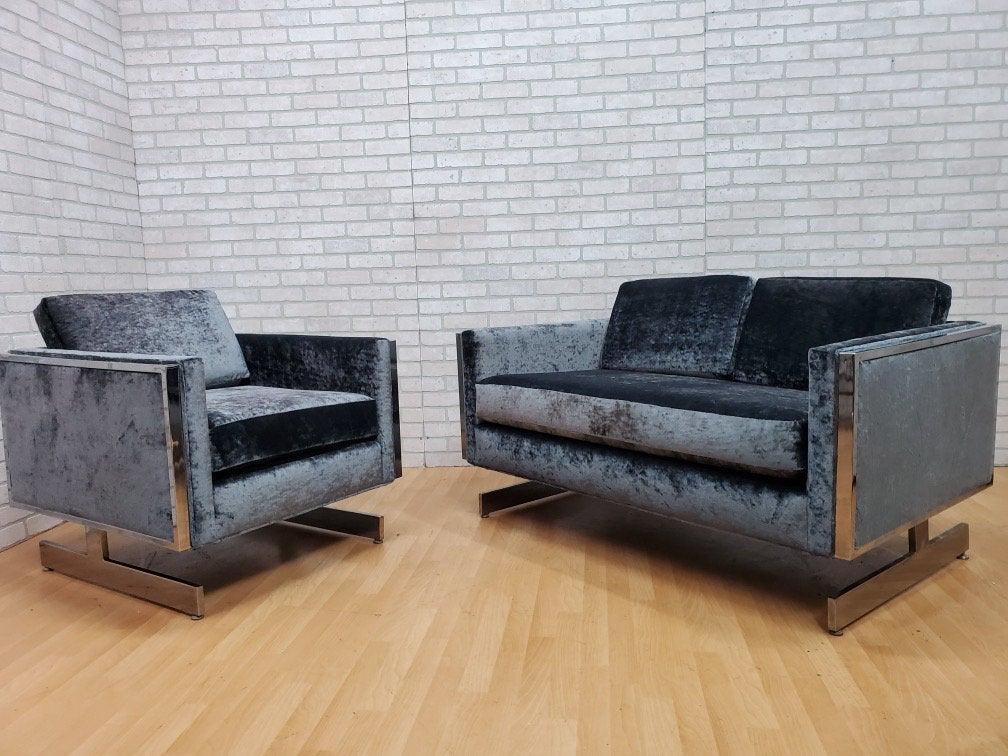 Mid Century Modern Milo Baughman Sled Leg Sofa and: Mid Century Modern Milo Baughman Sled Leg Sofa and Lounge Chair Newly Upholstered in High End Plush Velvet - 2 Piece Parlor Set Circa 1960 Sofa H 31 W 55 D 31 Seat H 19 Arm Seat H 26 C
