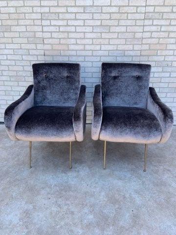 Mid Century Modern Italian Marco Zanuso Style Lady: Mid Century Modern Italian Marco Zanuso for Arflex Style Lady Chairs Newly Upholstered in Plush Lavender Ice Silk Velvet with Italian Antique Brass Finished Legs - Set of 2 Circa 1950 H 33” W 26
