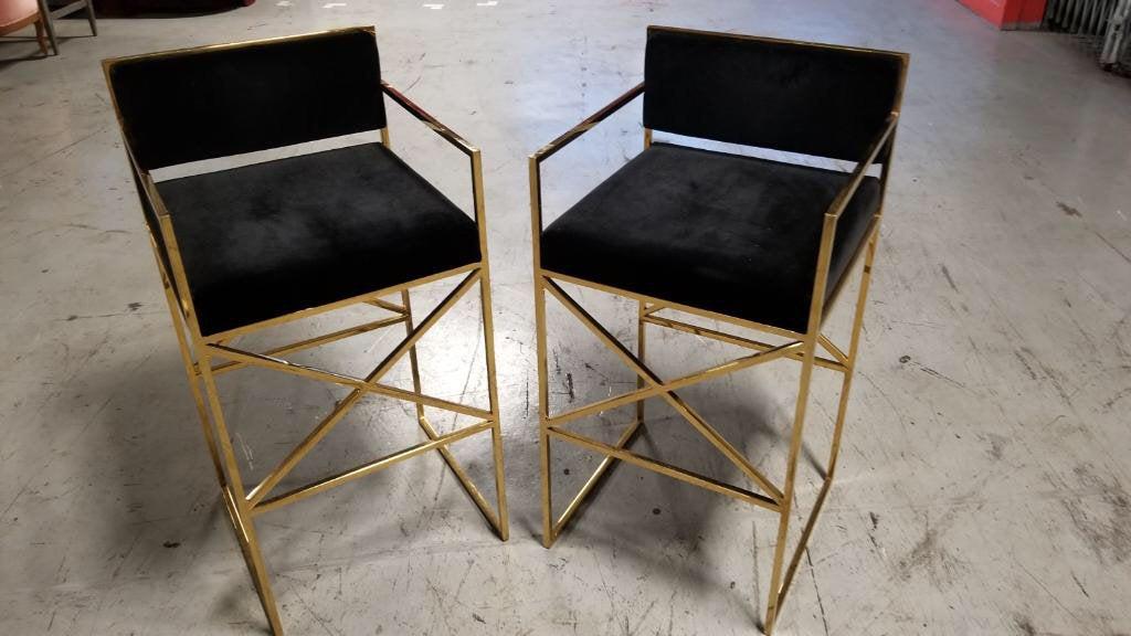 Modern Safavieh Horchow Kailey Plush Velvet Bar Stools: Modern Safavieh Horchow Kailey Plush Velvet Bar Stools - Pair A thoroughly modern iteration of classic campaign style the black velvet bar stool imbues new elegance and luxury into the straight lined 