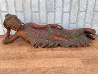 Wood Reclining Buddha Statue: Vintage Wood Reclining Buddha Statue Reclining Buddha represents the historic Buddha during his last illiness about to enter the parinirvana. H 11 D 9 W 30 Good vintage condition All Bidhaus items com