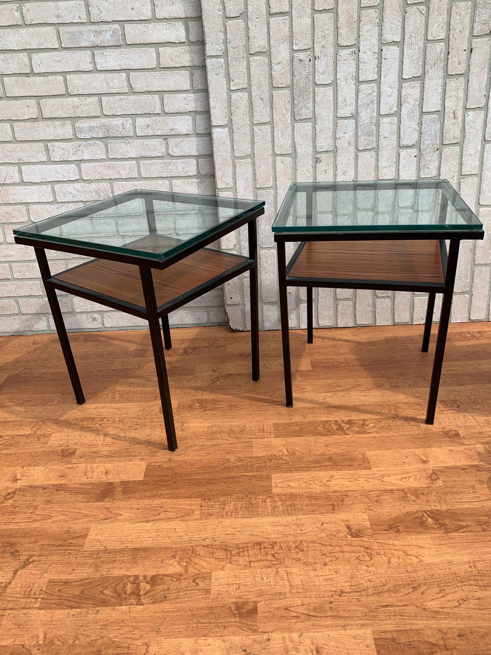 Mid Century Modern Henning Norgaard for Komfort Style: Mid Century Modern Henning Norgaard for Komfort Style Architectural Glass Wood and Metal Side Tables - Pair Circa 1960 H 22” W 18” D 18” Good vintage condition All Bidhaus items come
