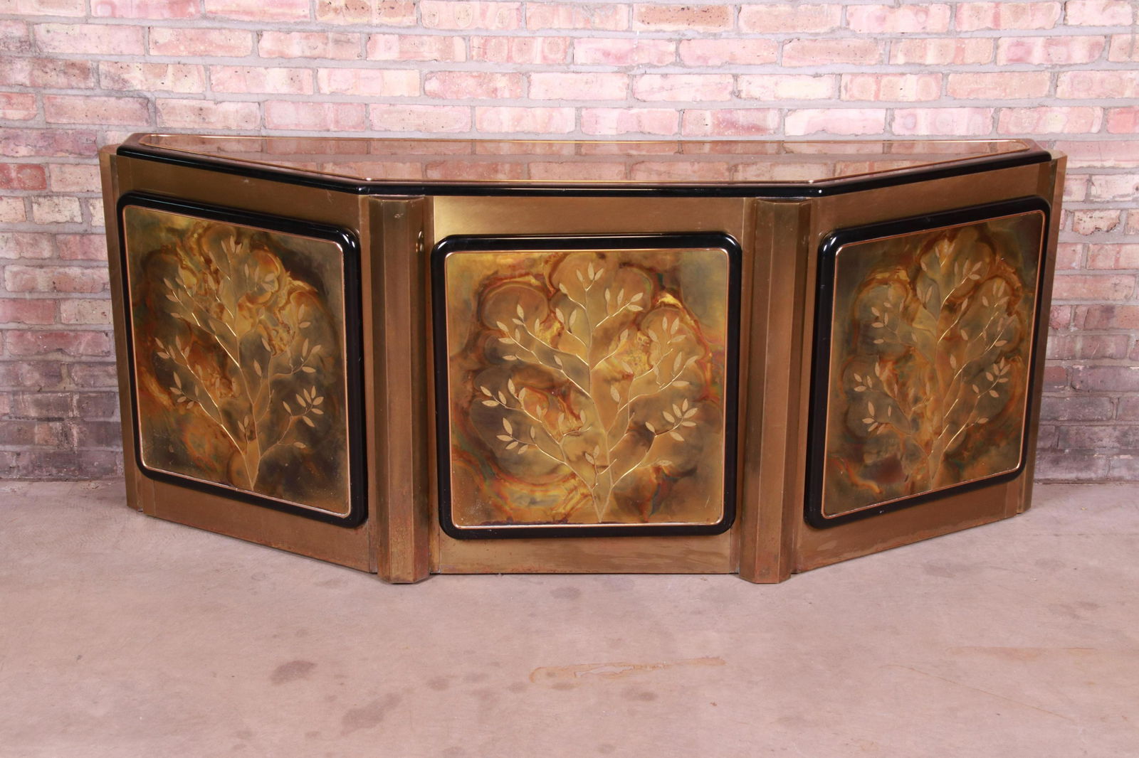 Authentic Bernhard Rohne for Mastercraft Acid Etched: A gorgeous mid-century modern Hollywood Regency "Tree of Life" sideboard credenza or bar cabinet By Bernhard Rohne for Mastercraft USA 1970s Acid-etched brass with ebonized interior. Measures: 74.13"W