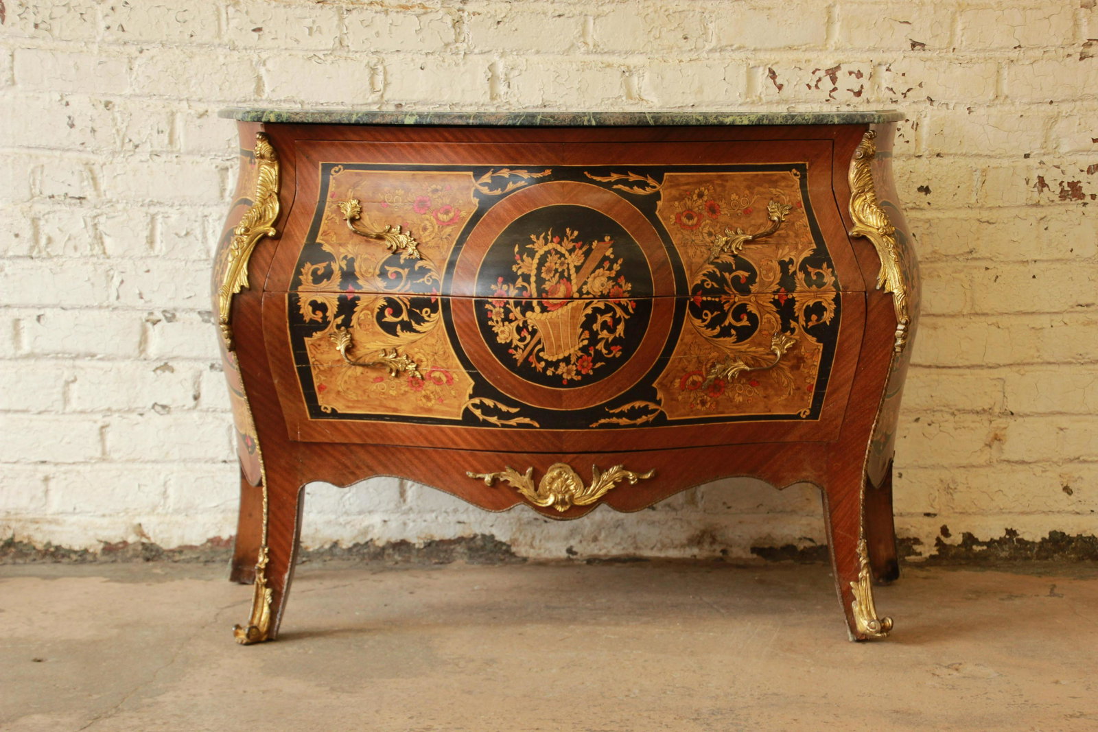 Authentic Jean-FranÃ§ois Oeben Louis XV French Commode: Offering a rare and important antique two-drawer bombe shaped Louis XV French commode signed "JF-Oeben". This commode consists of an original finely figured shaped and moulded green Italian marble top