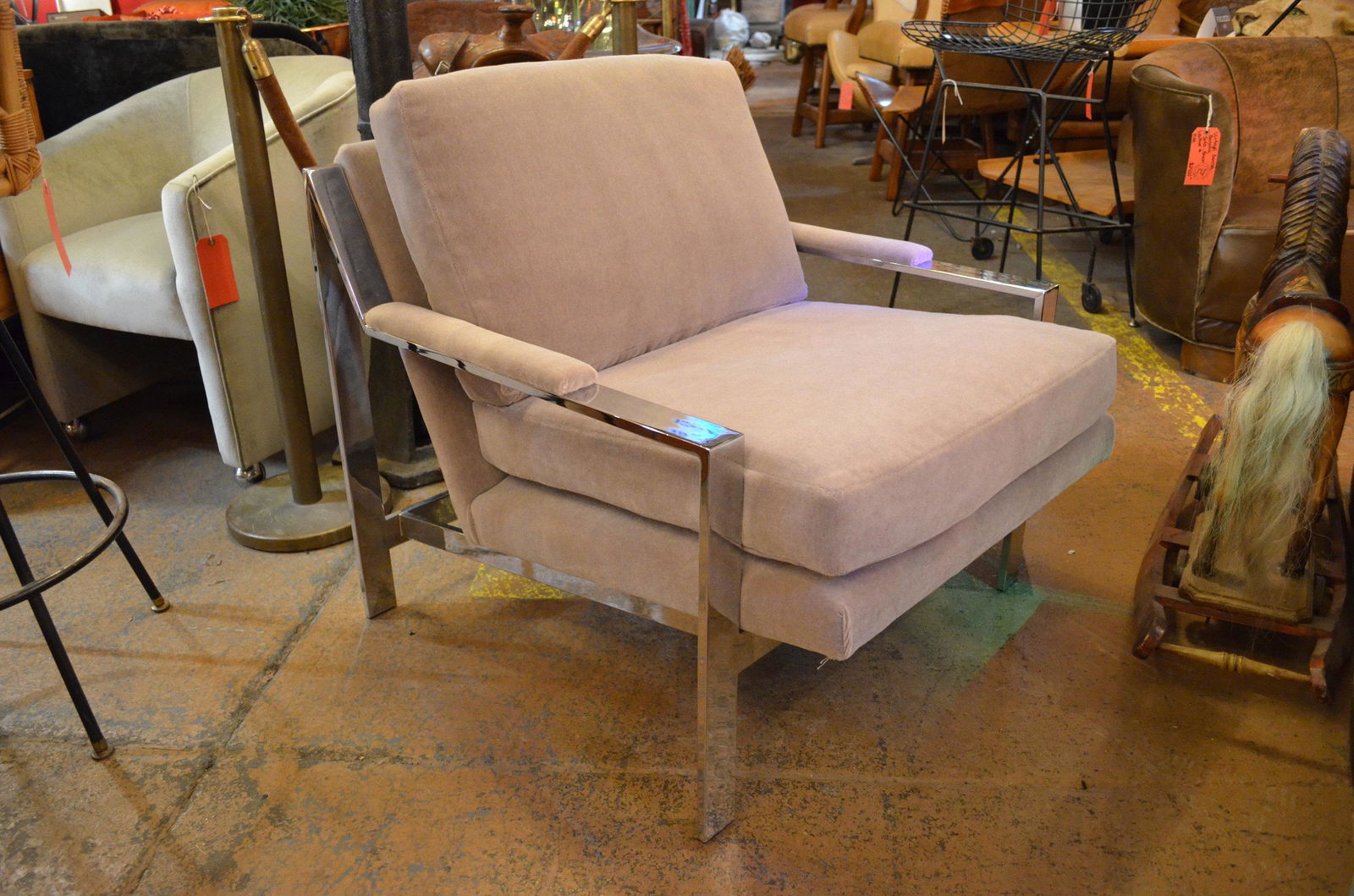 Mid Century Modern Milo Baughman for CY Mann Styled: Mid Century Modern Milo Baughman for CY Mann Styled Chrome Flat Bar Chair Newly Upholstered in High End Grey Mohair Circa 1960 H 31 W 30 D 32 Arm H 19 Seat H 18 Good vintage condition All Bidhau