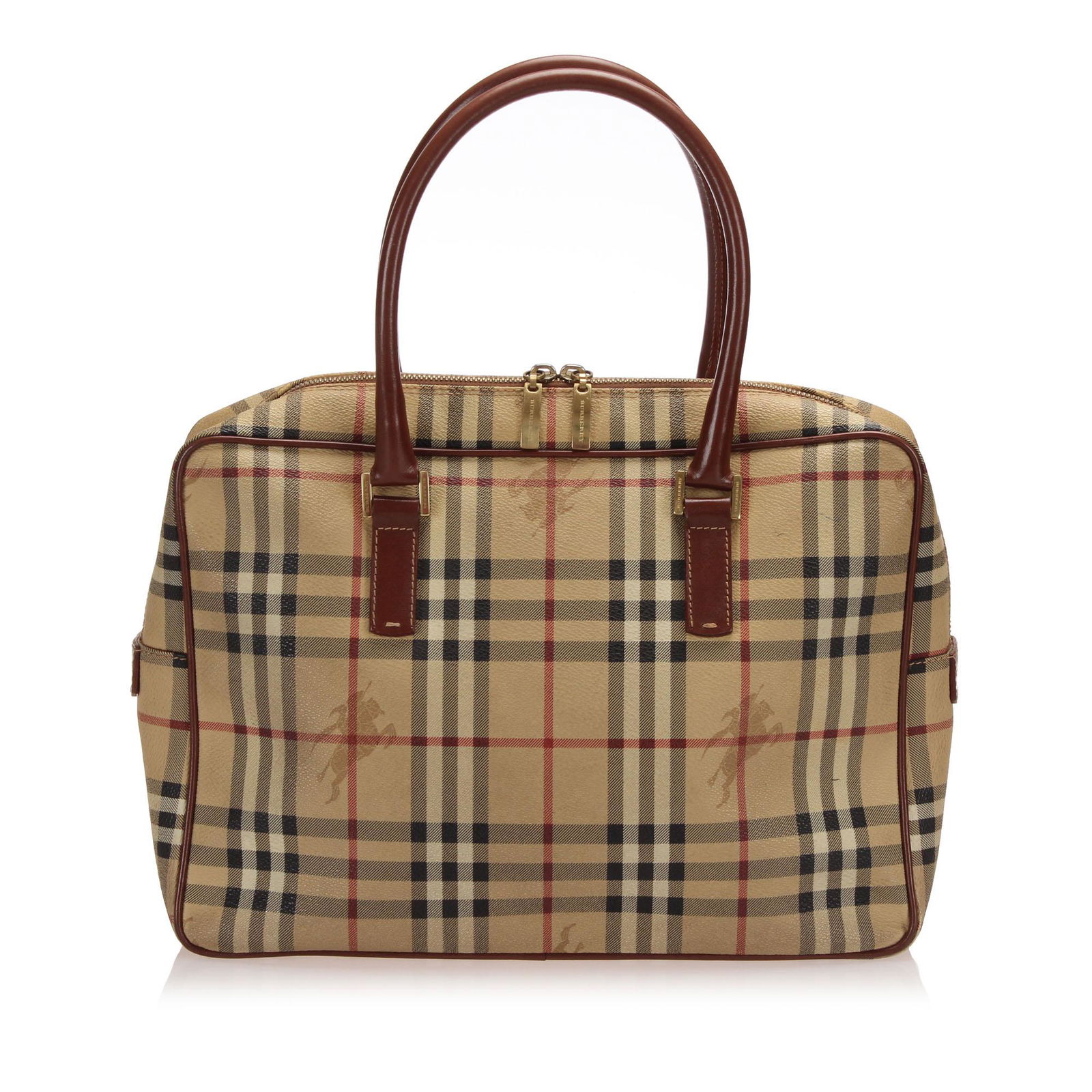 Authentic Burberry Haymarket Check Handbag: This handbag features a PVC body with leather trim rolled leather handles a top zip closure and interior zip and slip pockets. Brand: Burberry Model: Haymarket Check Handbag Origin: United Kingdom Cat