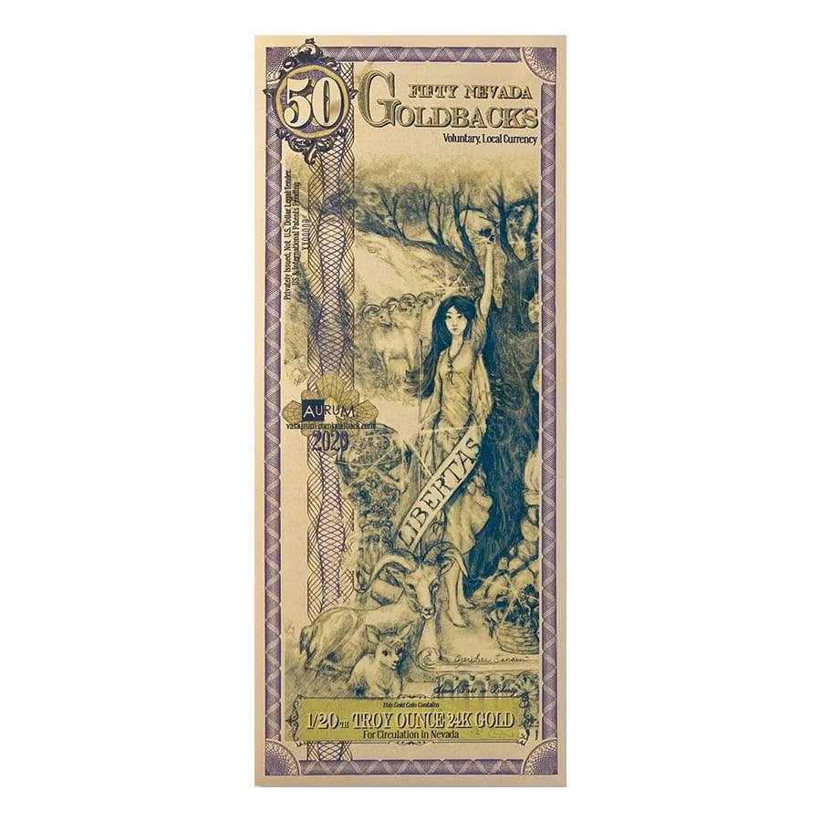 50 Nevada Goldbacks 1/20 oz 24K Gold Foil Aurum Note: You are bidding on the total lot which includes 1 of the following item: 50 Nevada Goldbacks 1/20 oz 24K Gold Foil Aurum Note Please be aware that multiple notes come in one plastic sleeve. This 50 Ne